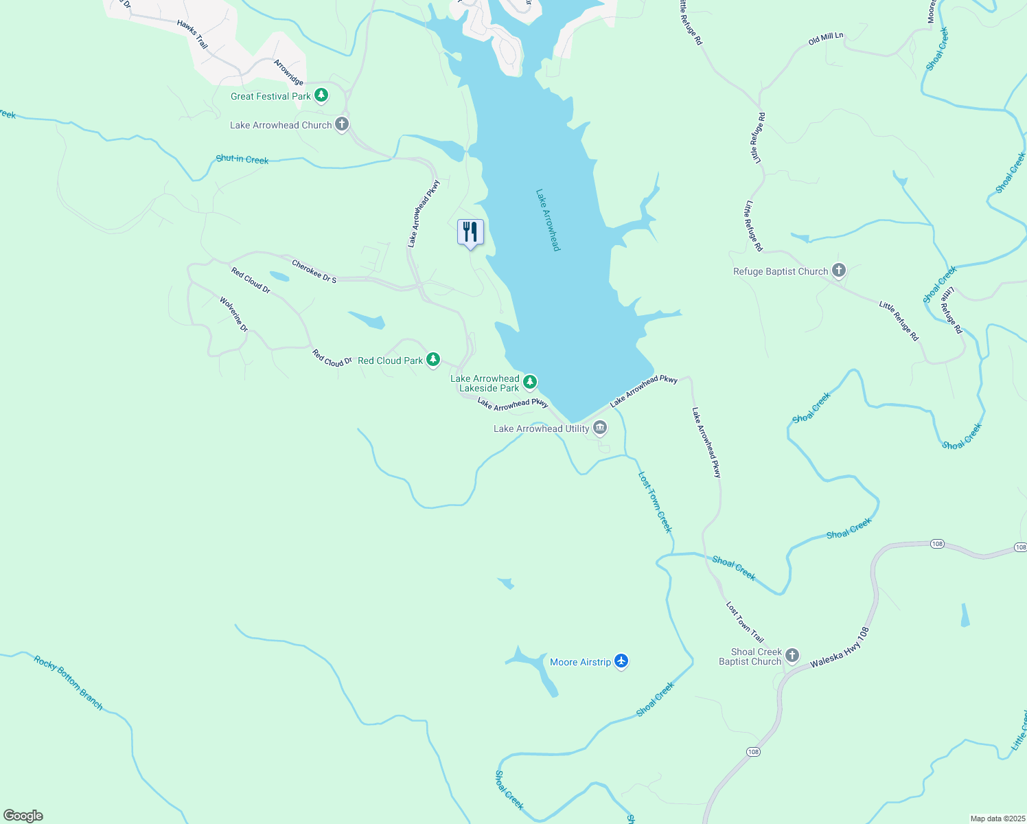 map of restaurants, bars, coffee shops, grocery stores, and more near 109 Waterview Court in Waleska
