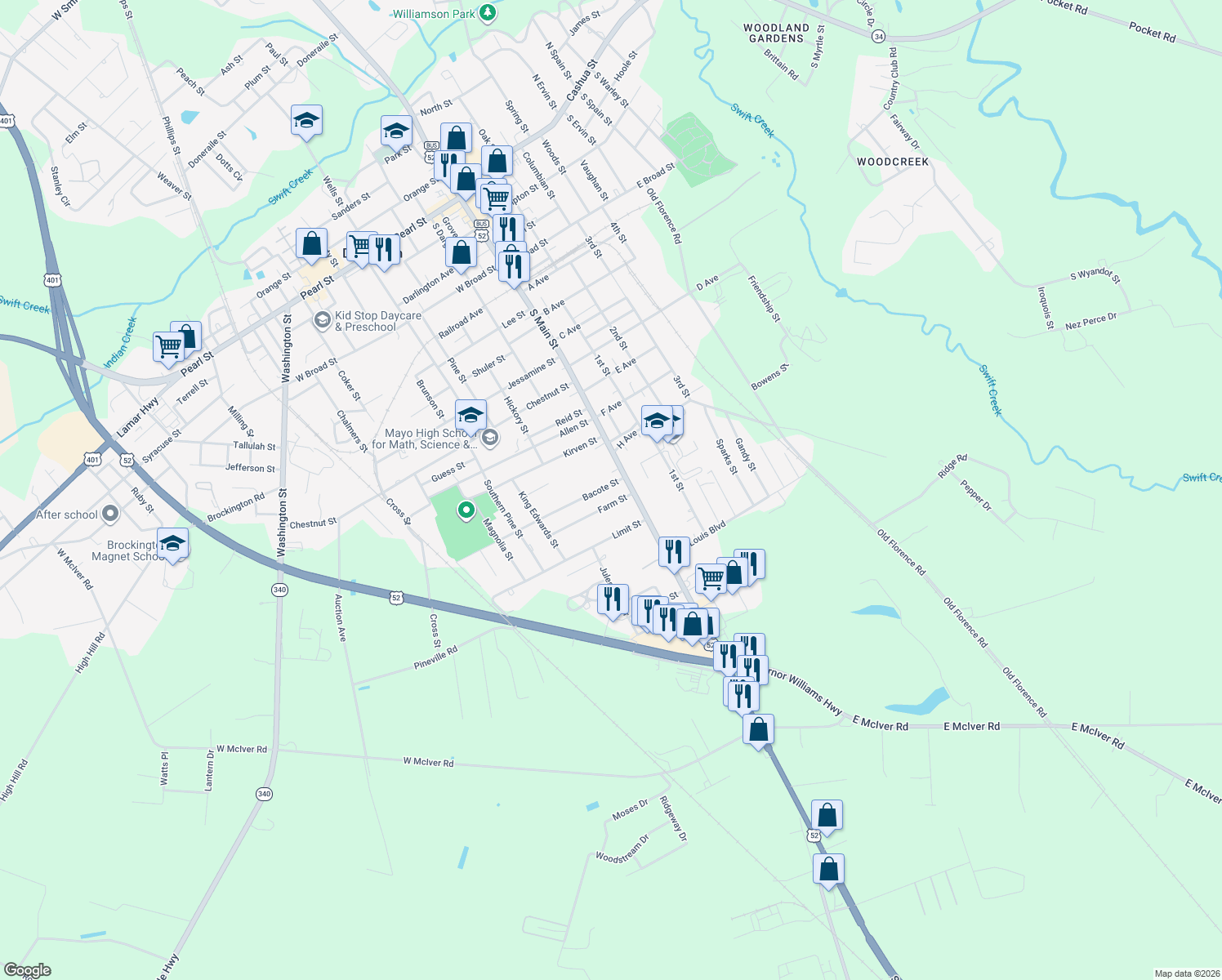 map of restaurants, bars, coffee shops, grocery stores, and more near 107 Bacote Street in Darlington