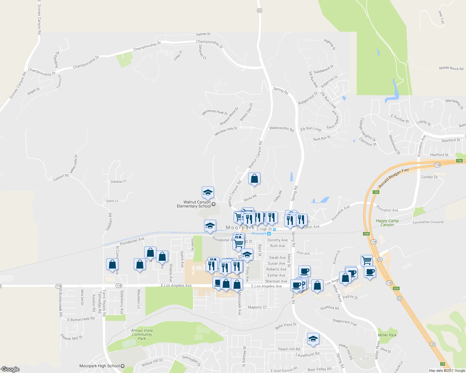 map of restaurants, bars, coffee shops, grocery stores, and more near 1073 Walnut Canyon Road in Moorpark
