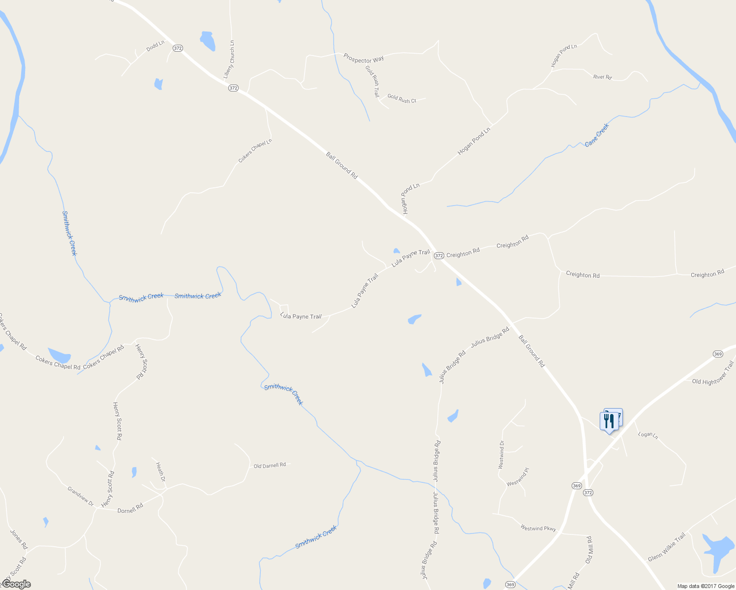 map of restaurants, bars, coffee shops, grocery stores, and more near 445 Lula Payne Trail in Ball Ground