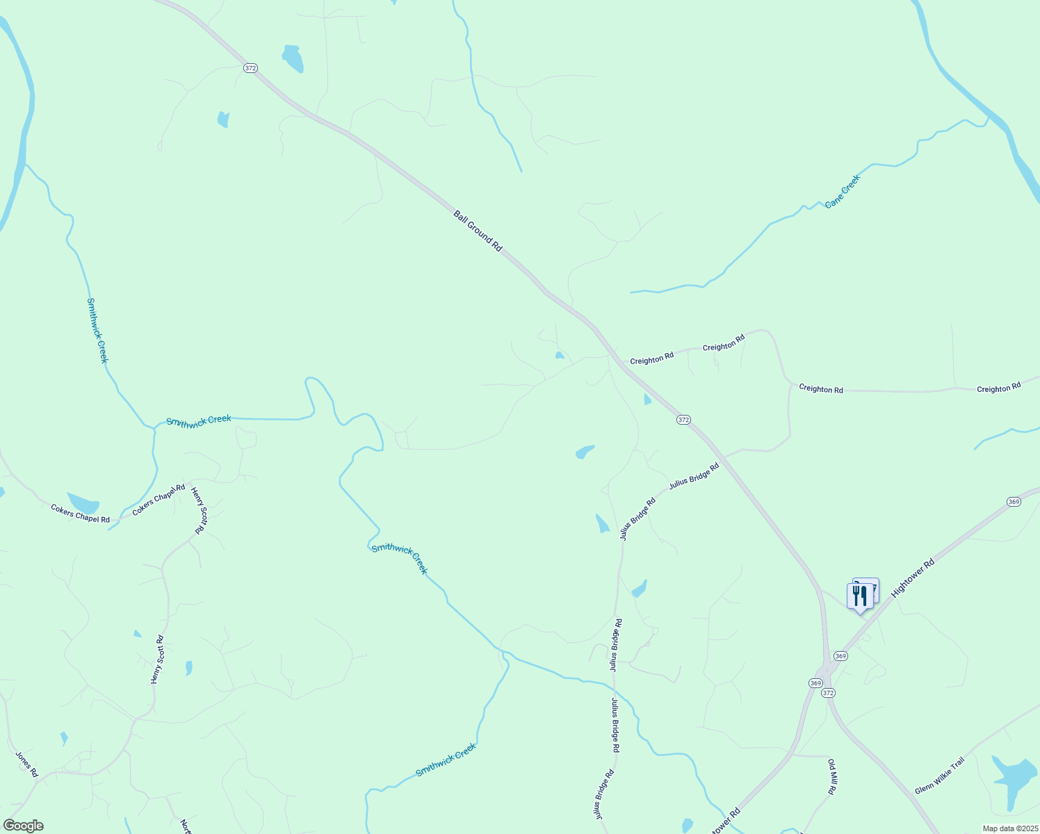 map of restaurants, bars, coffee shops, grocery stores, and more near 445 Lula Payne Trail in Ball Ground