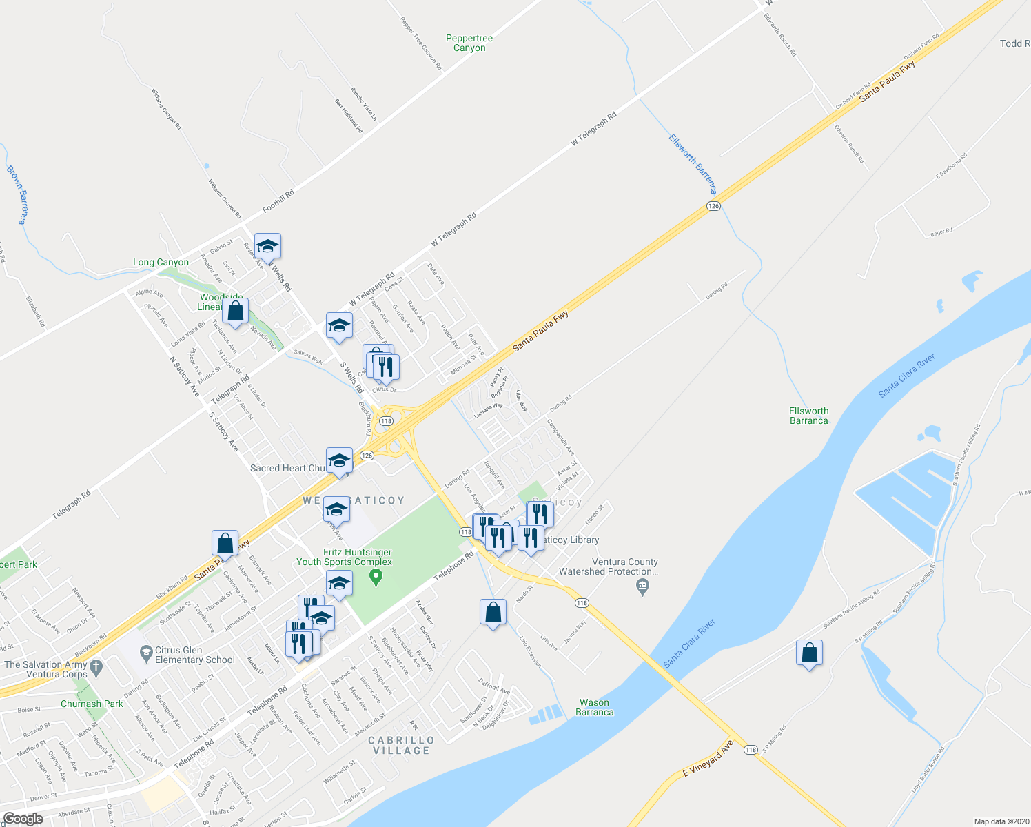 map of restaurants, bars, coffee shops, grocery stores, and more near 214 Tulip Court in Ventura