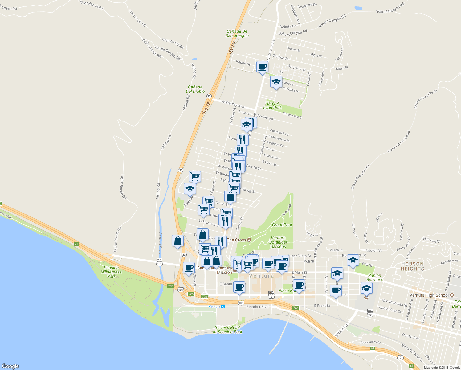 map of restaurants, bars, coffee shops, grocery stores, and more near 44 Bell Way in Ventura