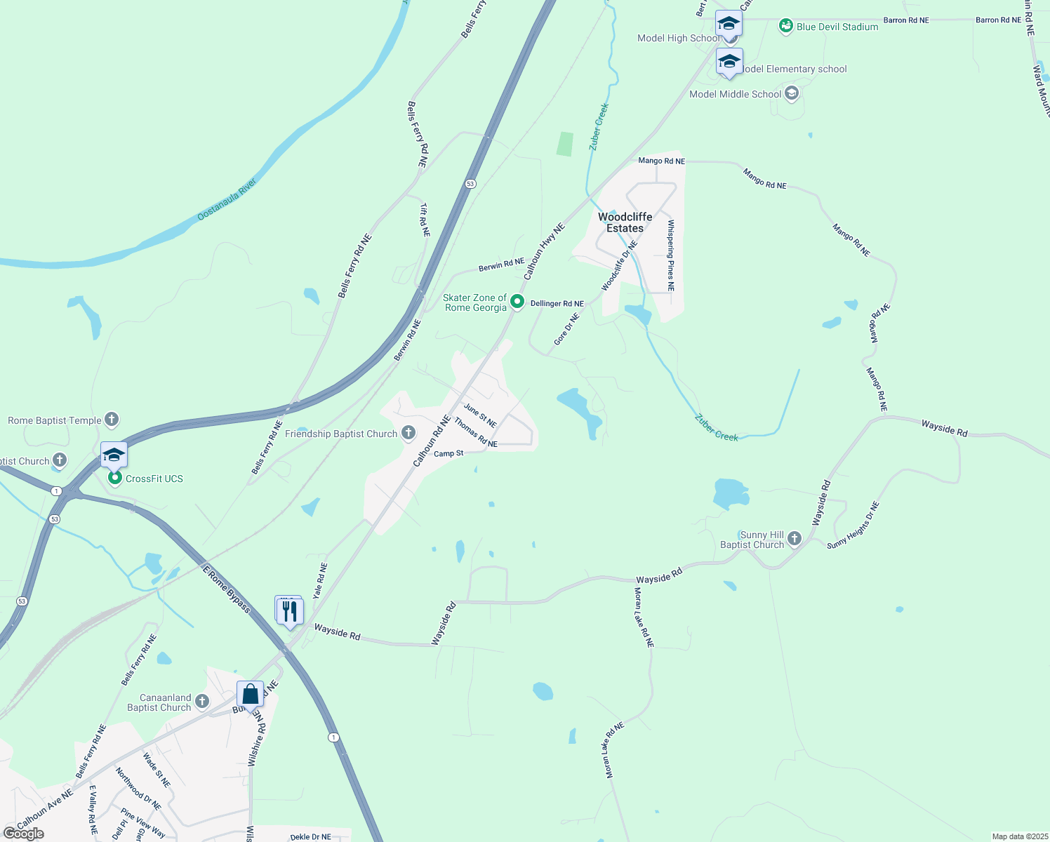 map of restaurants, bars, coffee shops, grocery stores, and more near 214 Thomas Road Northeast in Rome