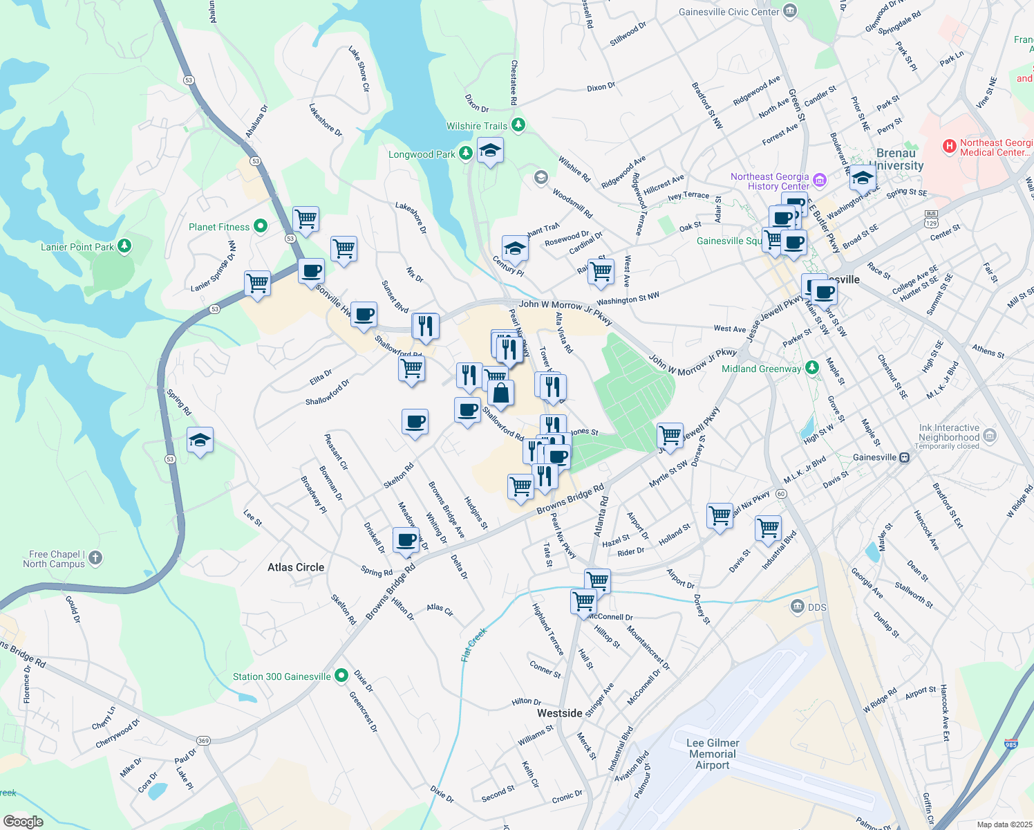 map of restaurants, bars, coffee shops, grocery stores, and more near 10 Jones Street in Gainesville