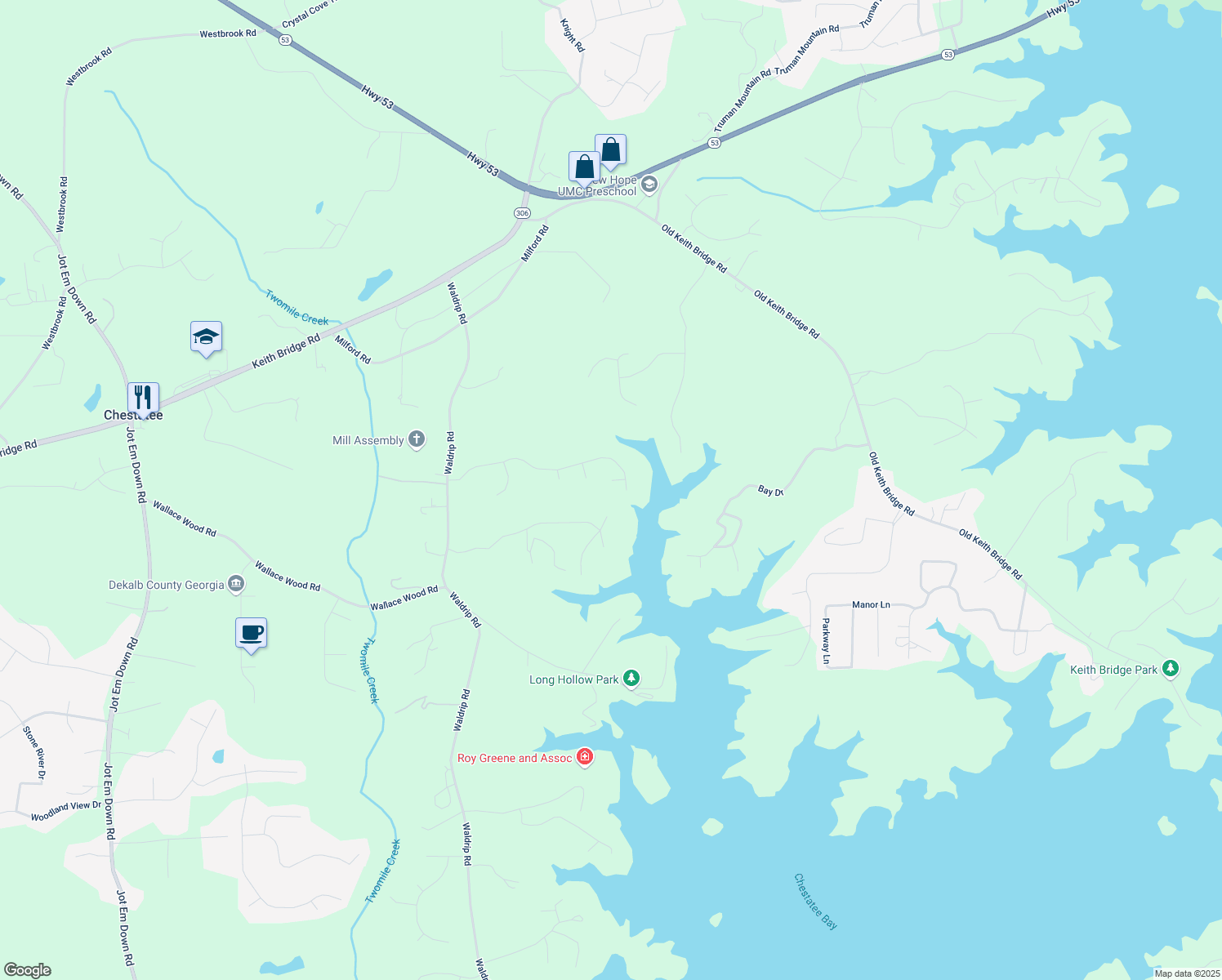 map of restaurants, bars, coffee shops, grocery stores, and more near 8415 Azure Overlook Trail in Gainesville
