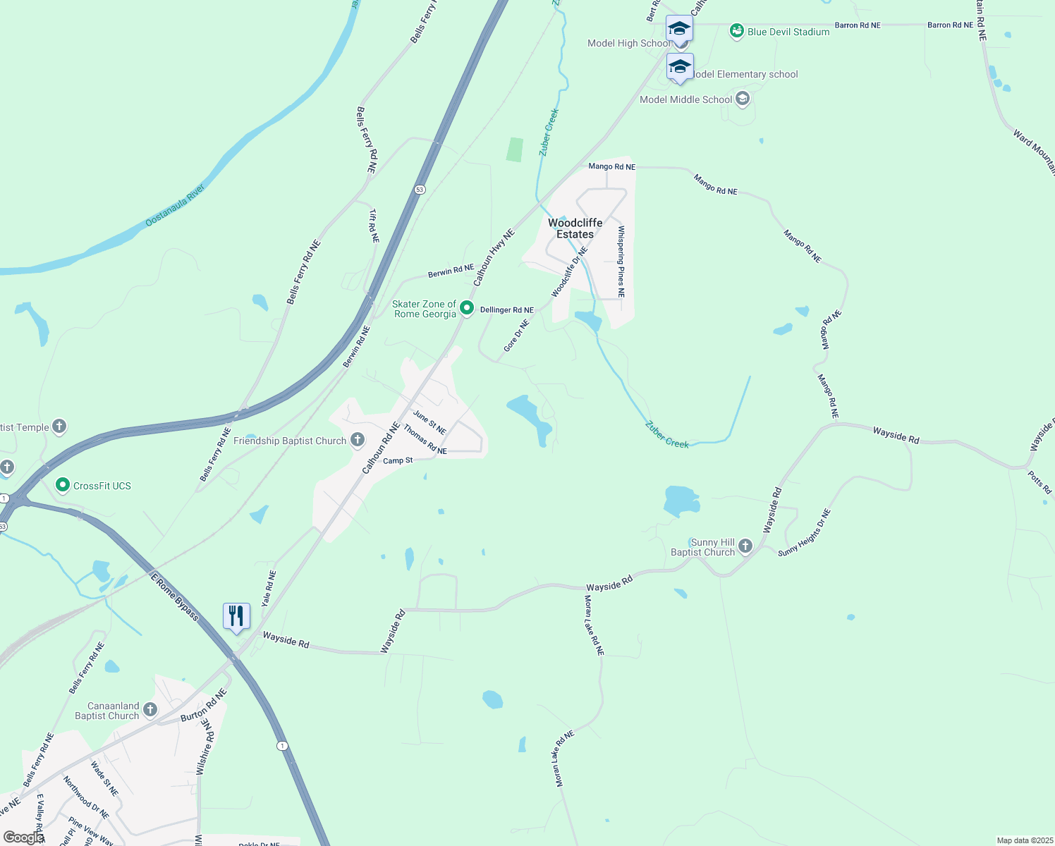 map of restaurants, bars, coffee shops, grocery stores, and more near 210 Couey Circle Northeast in Rome