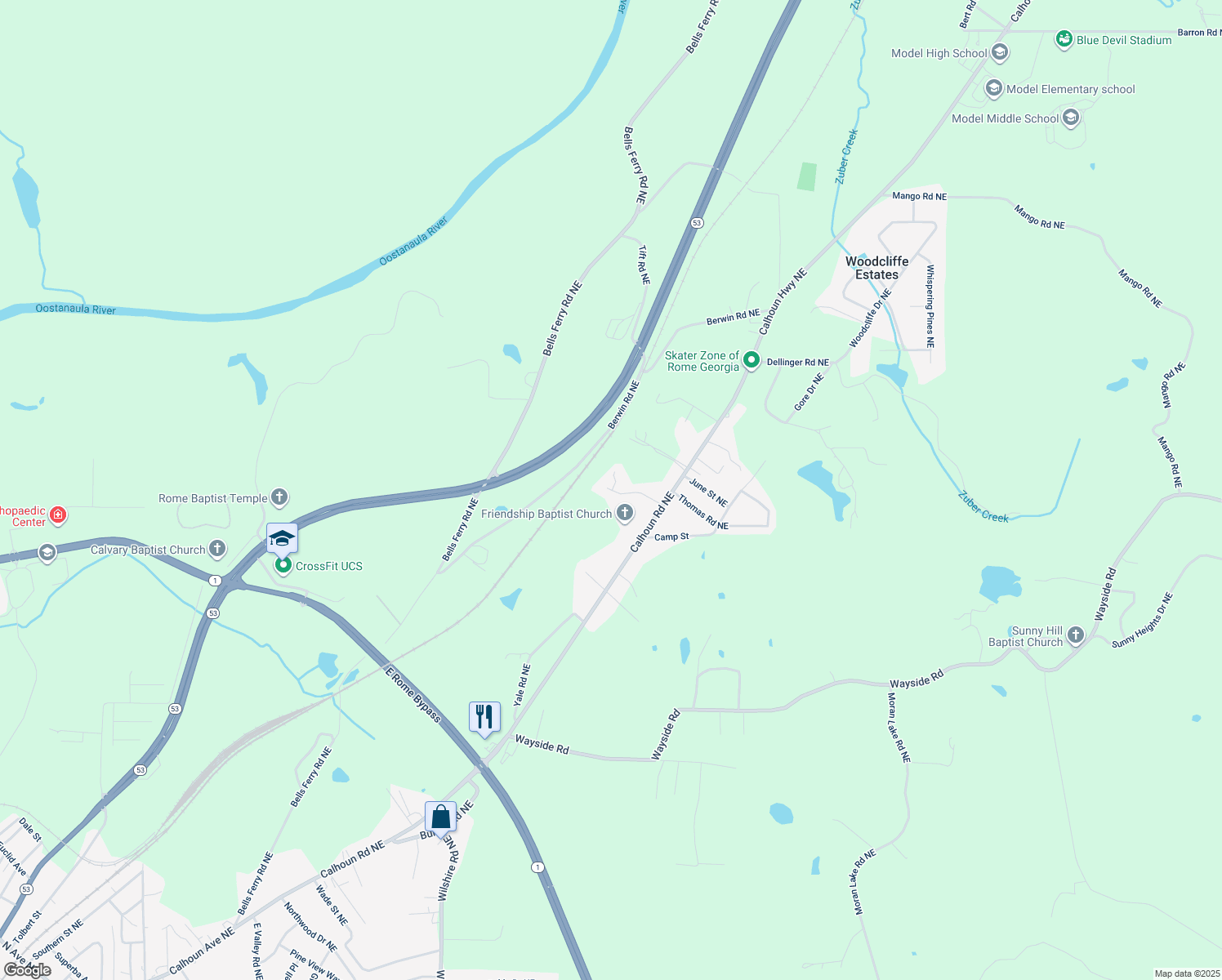 map of restaurants, bars, coffee shops, grocery stores, and more near 90 Northridge Court Northeast in Rome