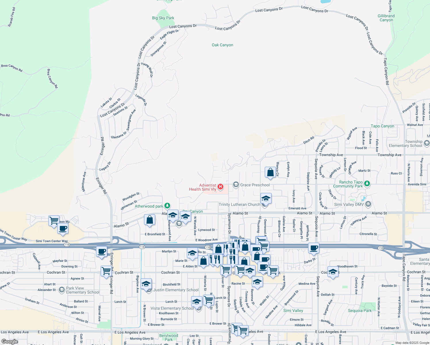 map of restaurants, bars, coffee shops, grocery stores, and more near 3086 Anderson Drive in Simi Valley