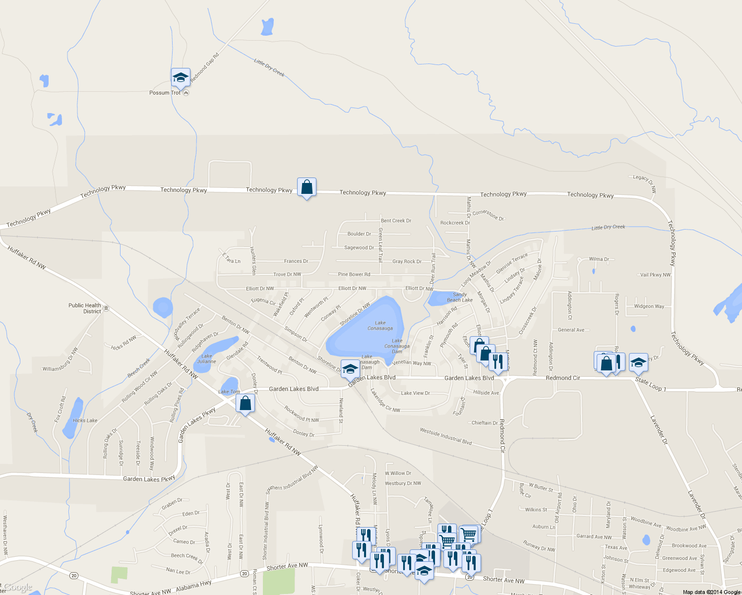 map of restaurants, bars, coffee shops, grocery stores, and more near 133 Shoreline Dr NW in Rome