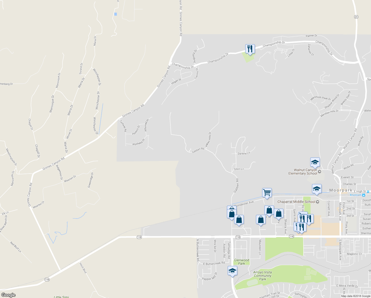 map of restaurants, bars, coffee shops, grocery stores, and more near 6120 Gabbert Road in Moorpark