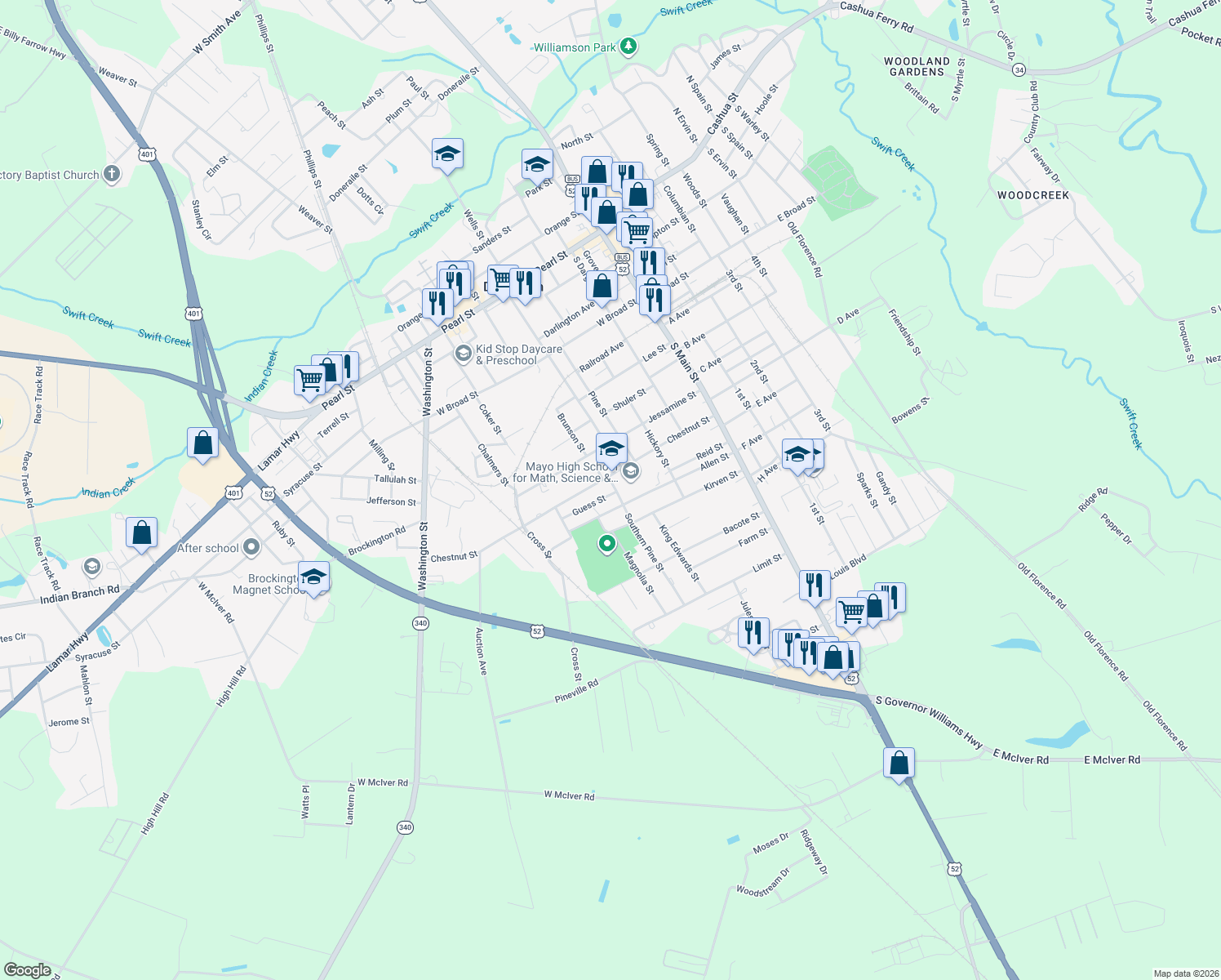 map of restaurants, bars, coffee shops, grocery stores, and more near 104 Southern Pine Street in Darlington