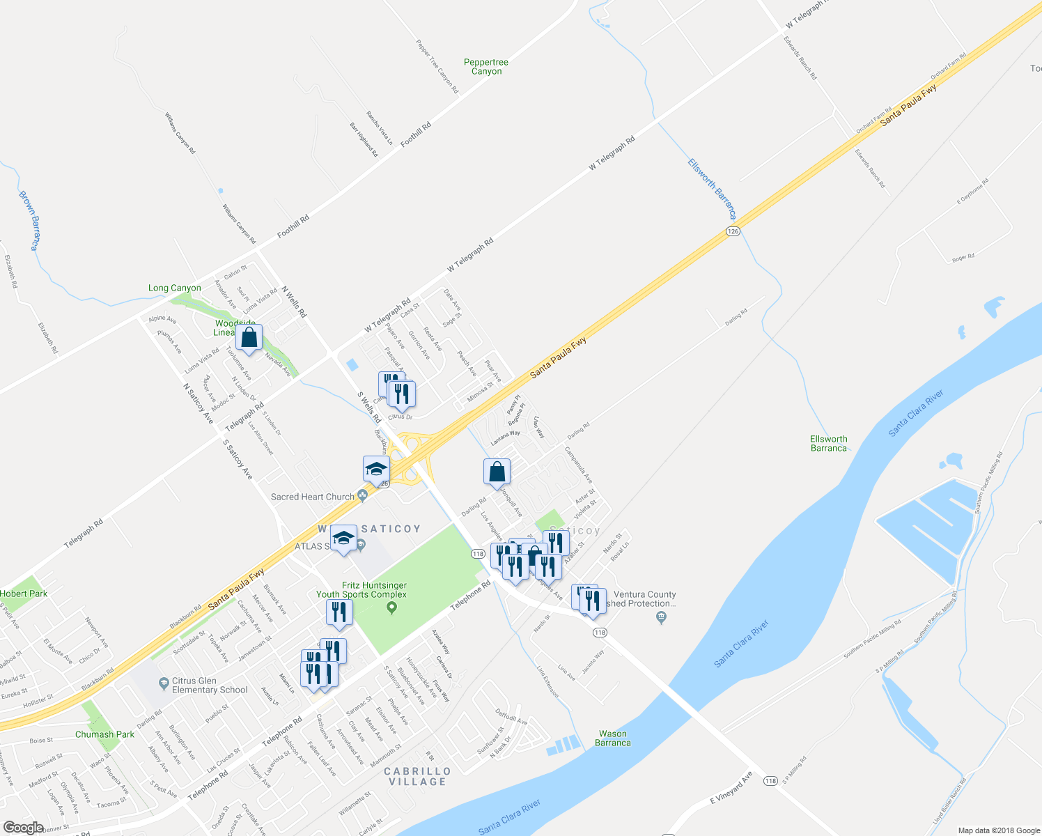 map of restaurants, bars, coffee shops, grocery stores, and more near 106 Begonia Place in Ventura