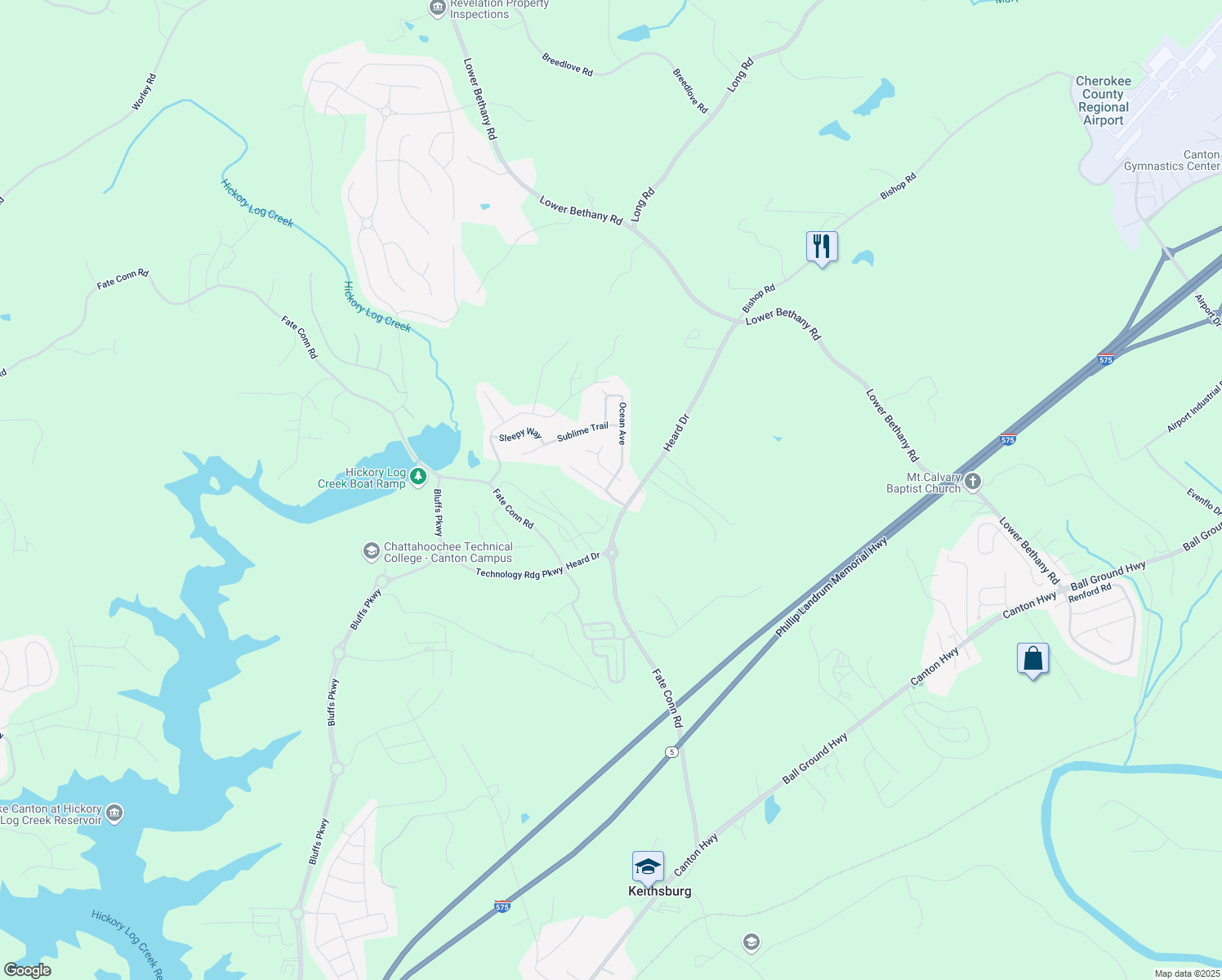 map of restaurants, bars, coffee shops, grocery stores, and more near 503 Sunset Street in Canton