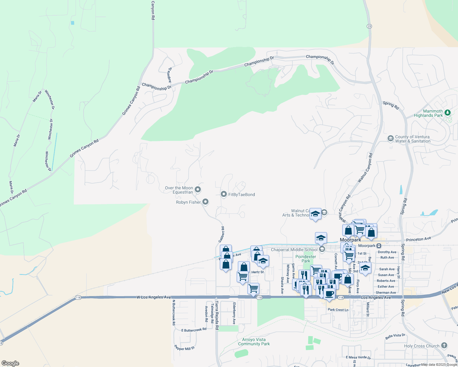 map of restaurants, bars, coffee shops, grocery stores, and more near 11811 Darlene Lane in Moorpark