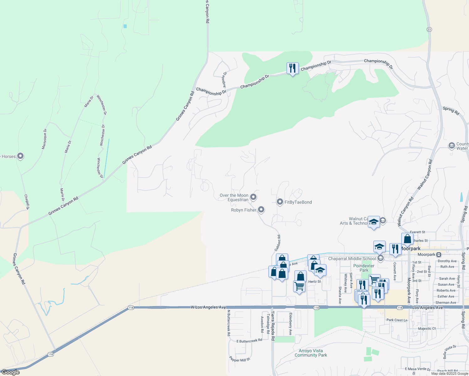 map of restaurants, bars, coffee shops, grocery stores, and more near 6120 Gabbert Road in Moorpark