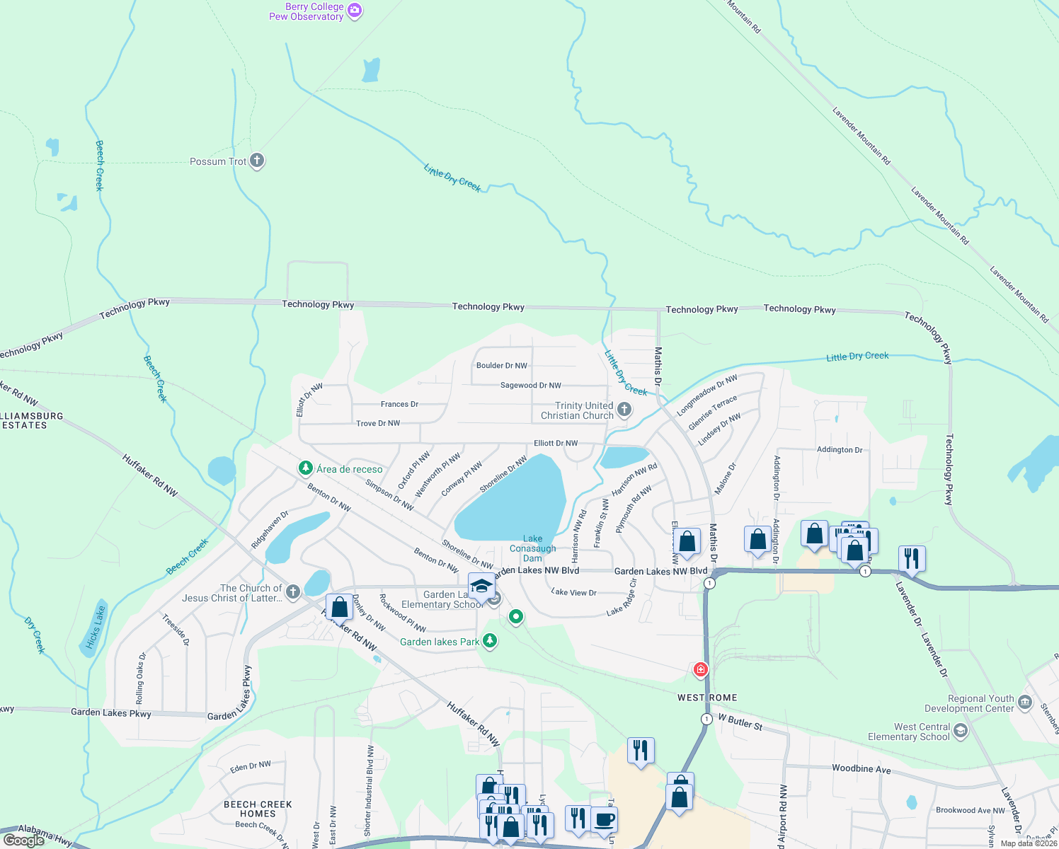 map of restaurants, bars, coffee shops, grocery stores, and more near 27 Pine Bower Road Northwest in Rome