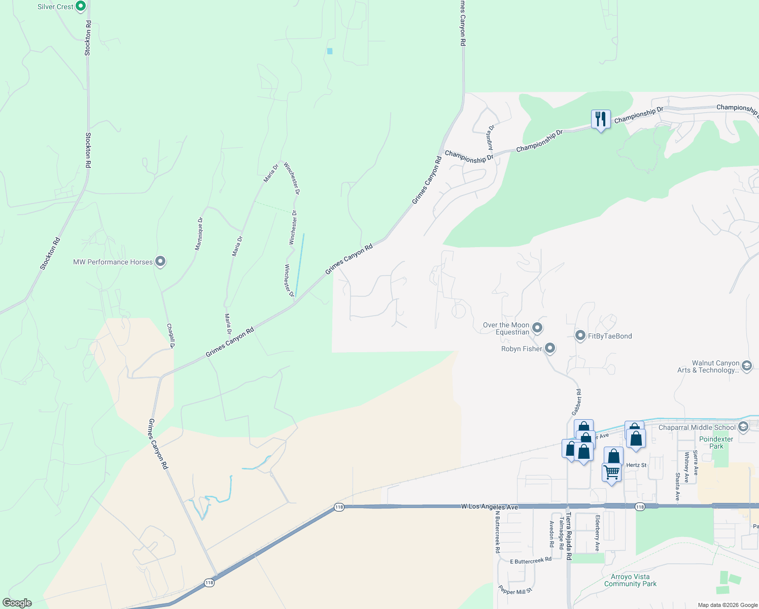 map of restaurants, bars, coffee shops, grocery stores, and more near 10817 Alysheba Drive in Moorpark