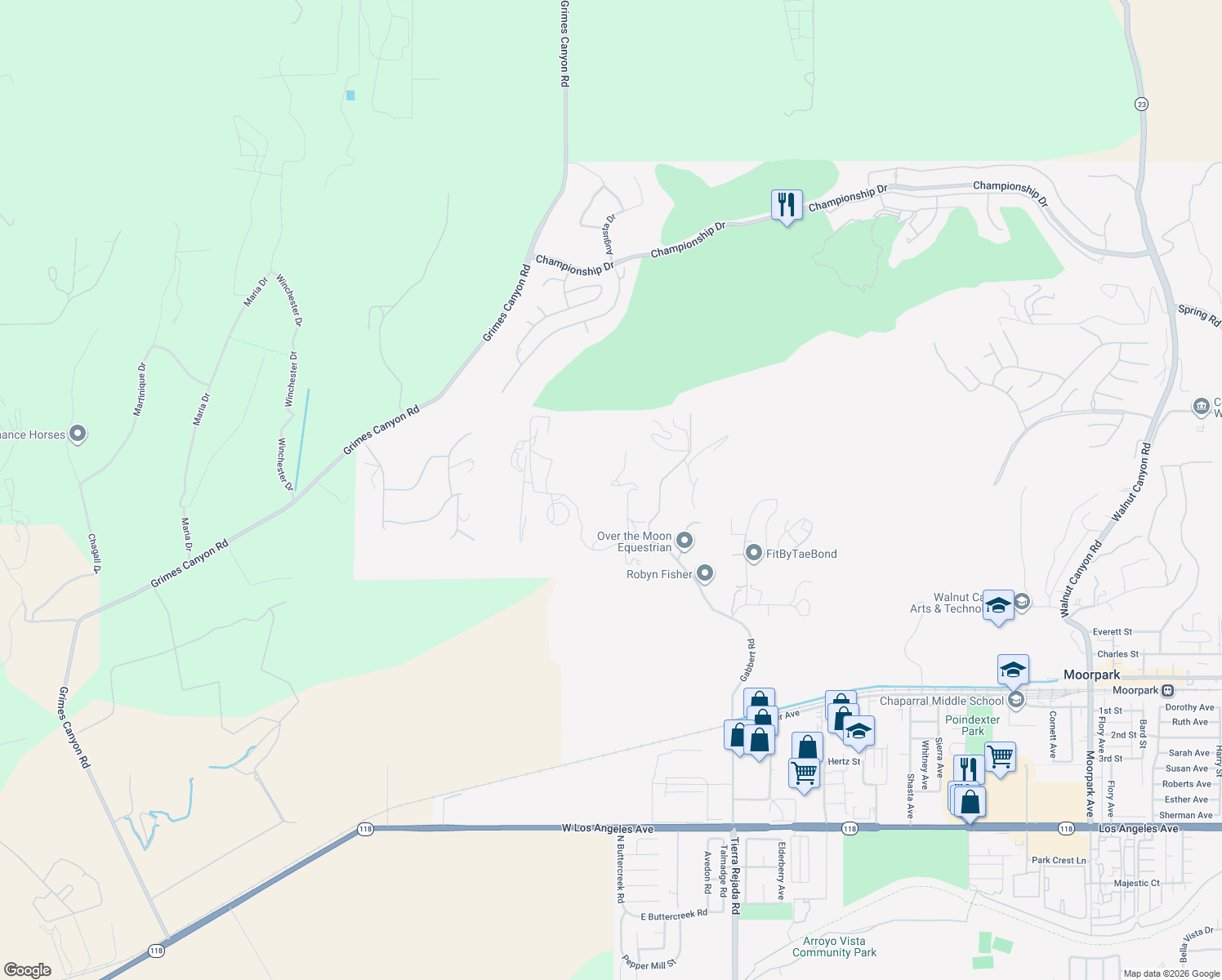 map of restaurants, bars, coffee shops, grocery stores, and more near 6395 Gabbert Road in Moorpark