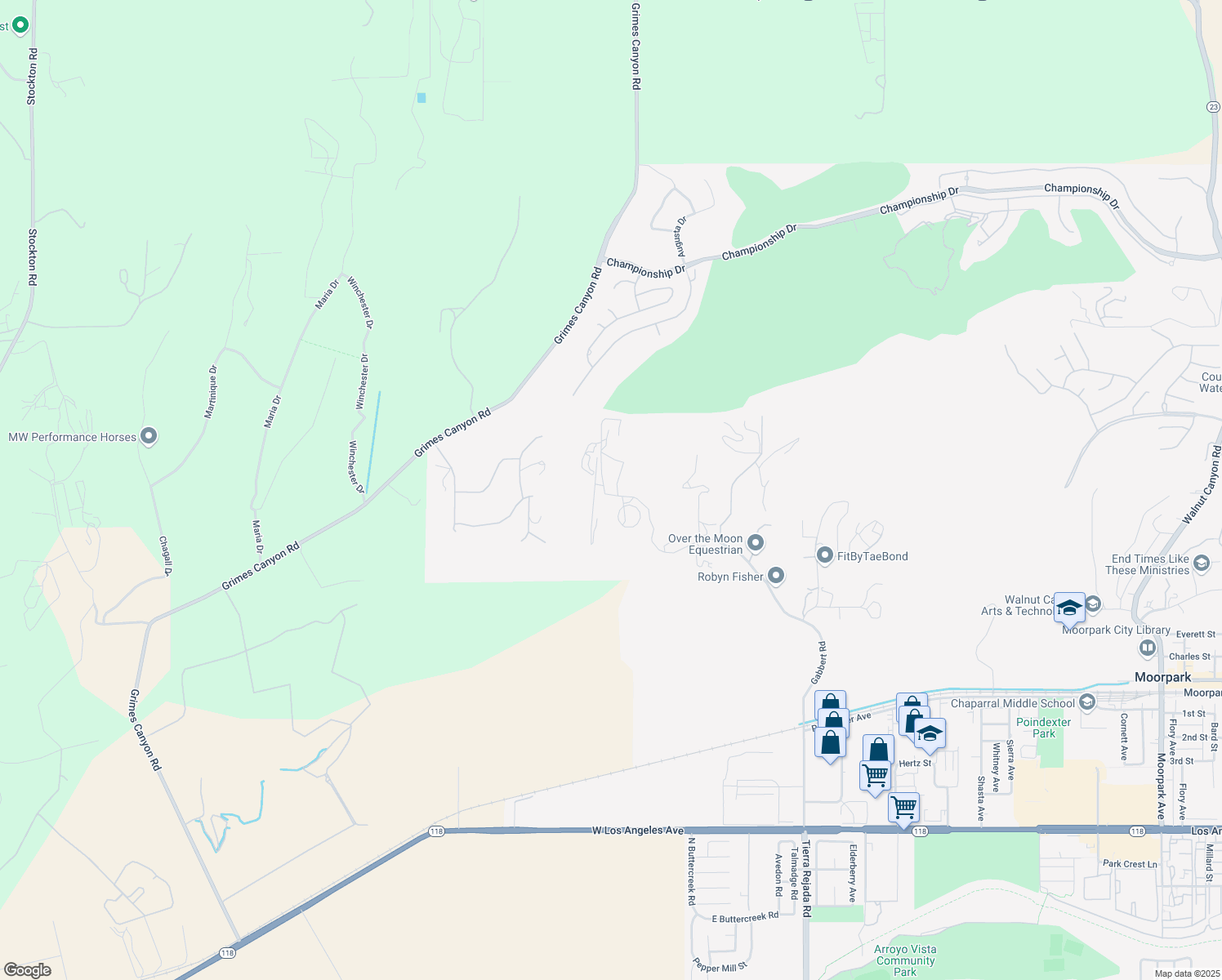 map of restaurants, bars, coffee shops, grocery stores, and more near 6397 Gabbert Road in Moorpark