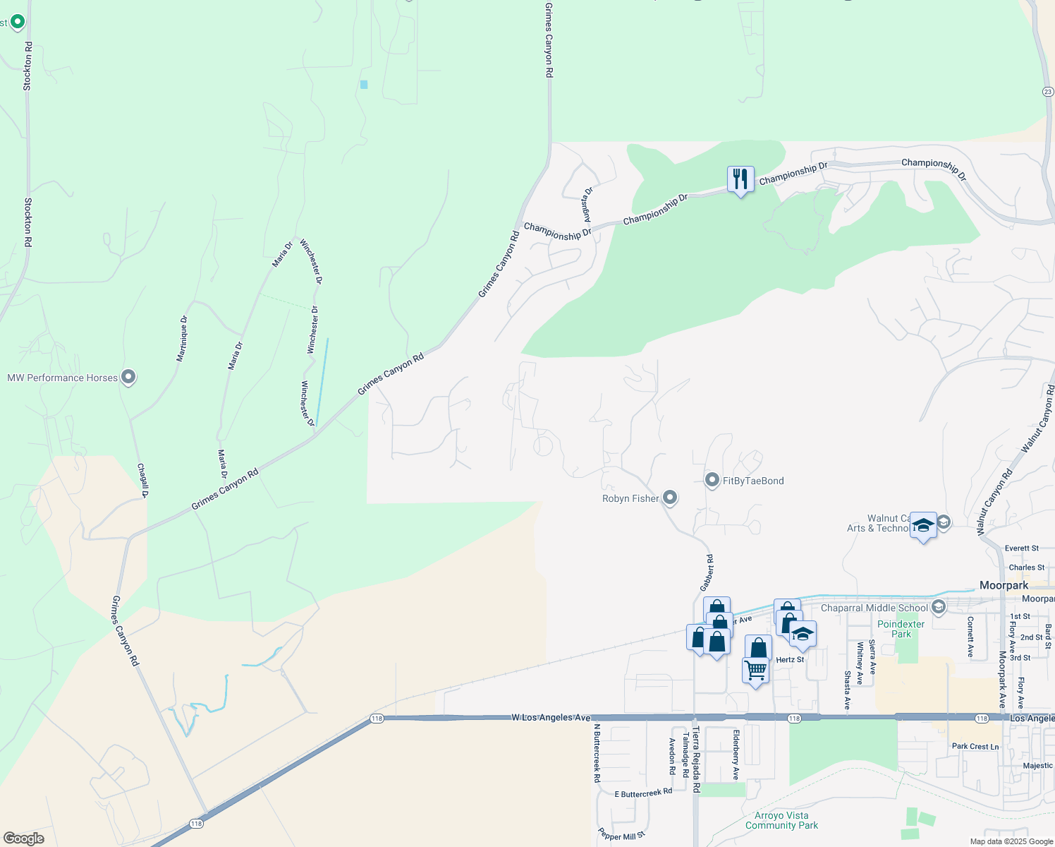map of restaurants, bars, coffee shops, grocery stores, and more near 6397 Gabbert Road in Moorpark