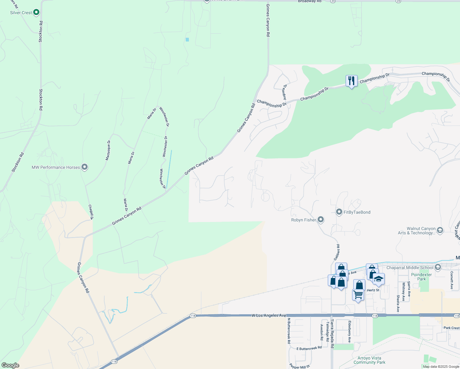 map of restaurants, bars, coffee shops, grocery stores, and more near 6516 Affirmed Place in Moorpark