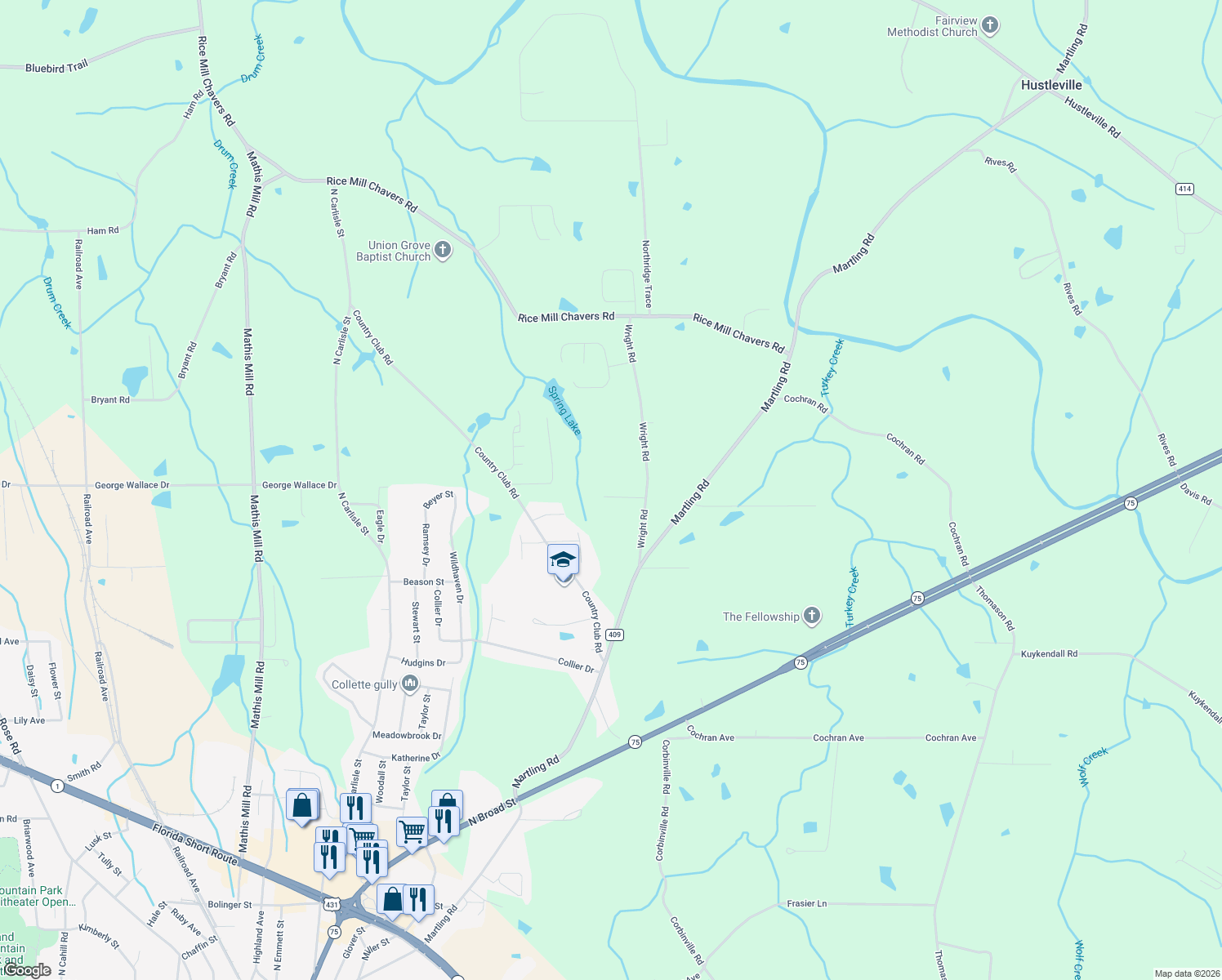 map of restaurants, bars, coffee shops, grocery stores, and more near 54 Autumnwood Lane in Albertville