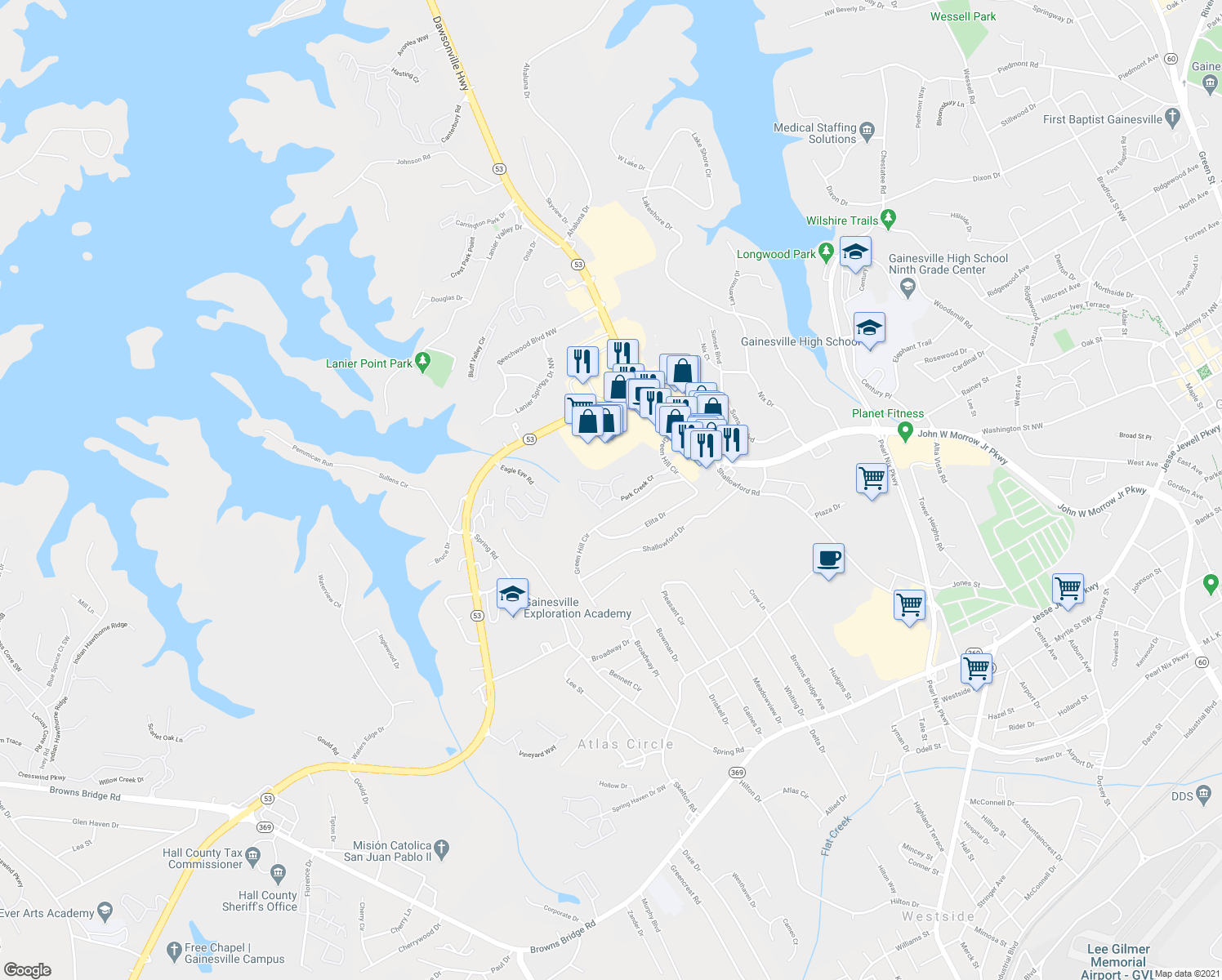 map of restaurants, bars, coffee shops, grocery stores, and more near 1100 Park Creek Court in Gainesville