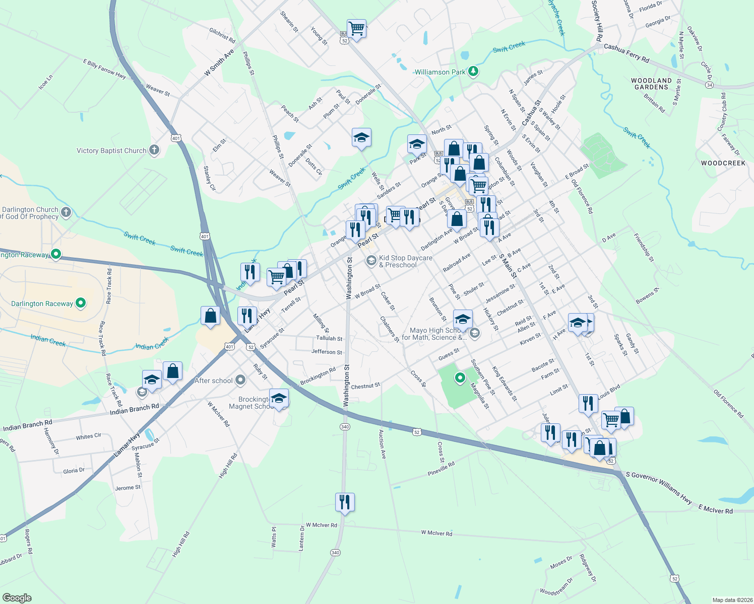 map of restaurants, bars, coffee shops, grocery stores, and more near 115 Chalmers Street in Darlington