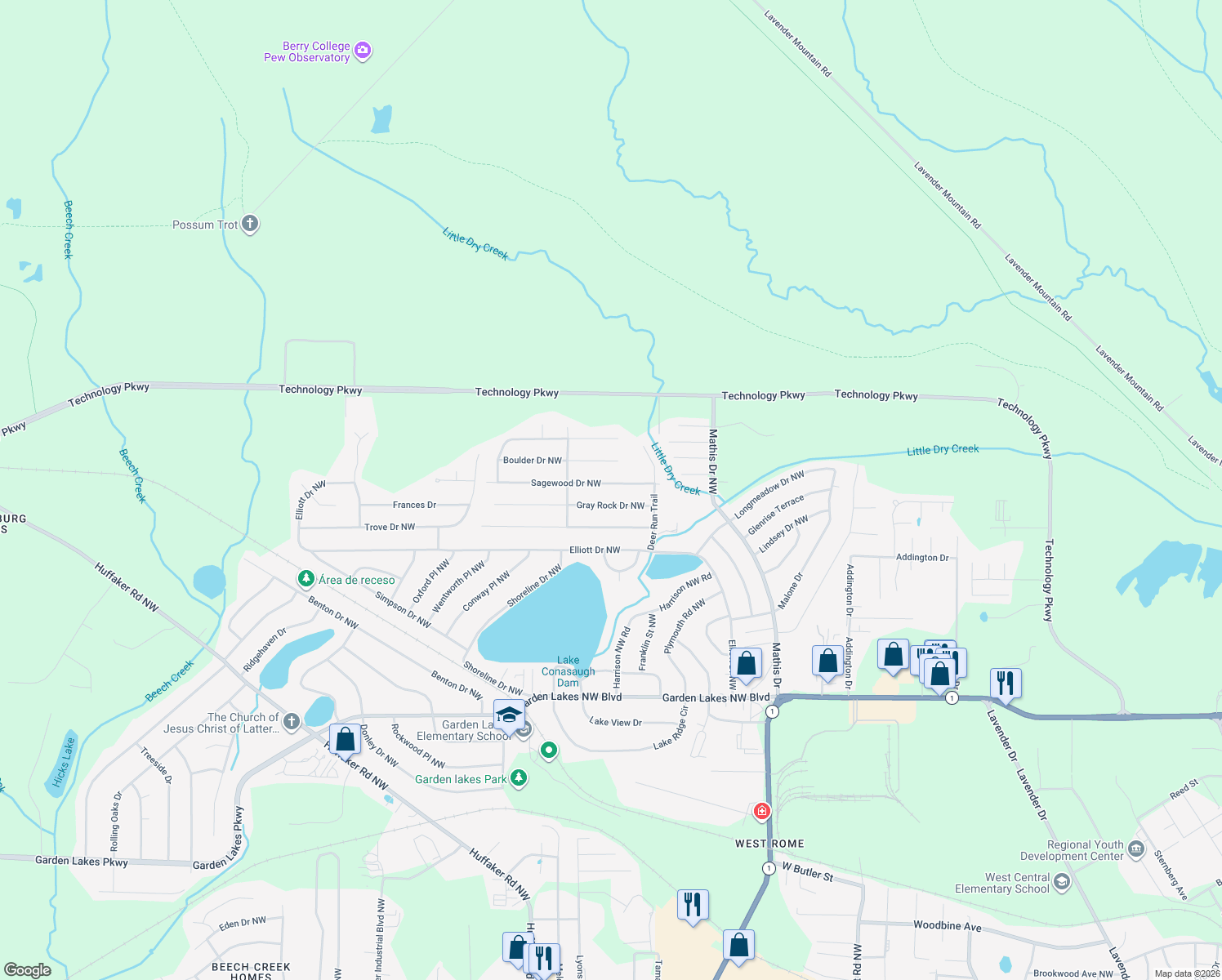 map of restaurants, bars, coffee shops, grocery stores, and more near 13 Sagewood Dr NW in Rome