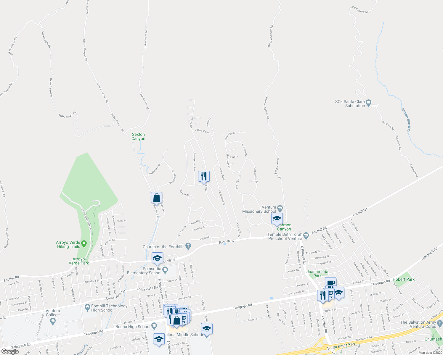 map of restaurants, bars, coffee shops, grocery stores, and more near 961 Colina Vista in Ventura