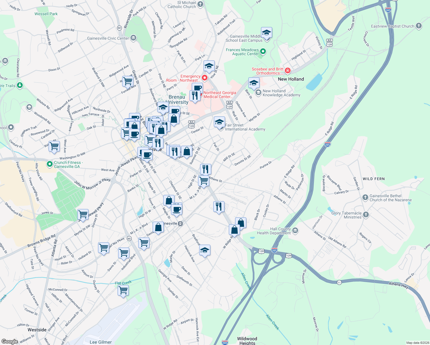map of restaurants, bars, coffee shops, grocery stores, and more near 727 Mill Street Southeast in Gainesville