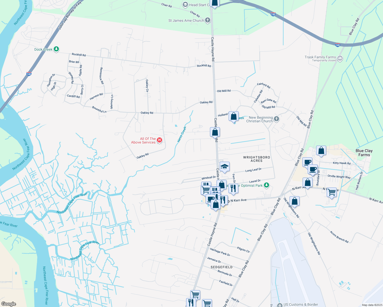 map of restaurants, bars, coffee shops, grocery stores, and more near 2805 Berry Patch Court in Castle Hayne
