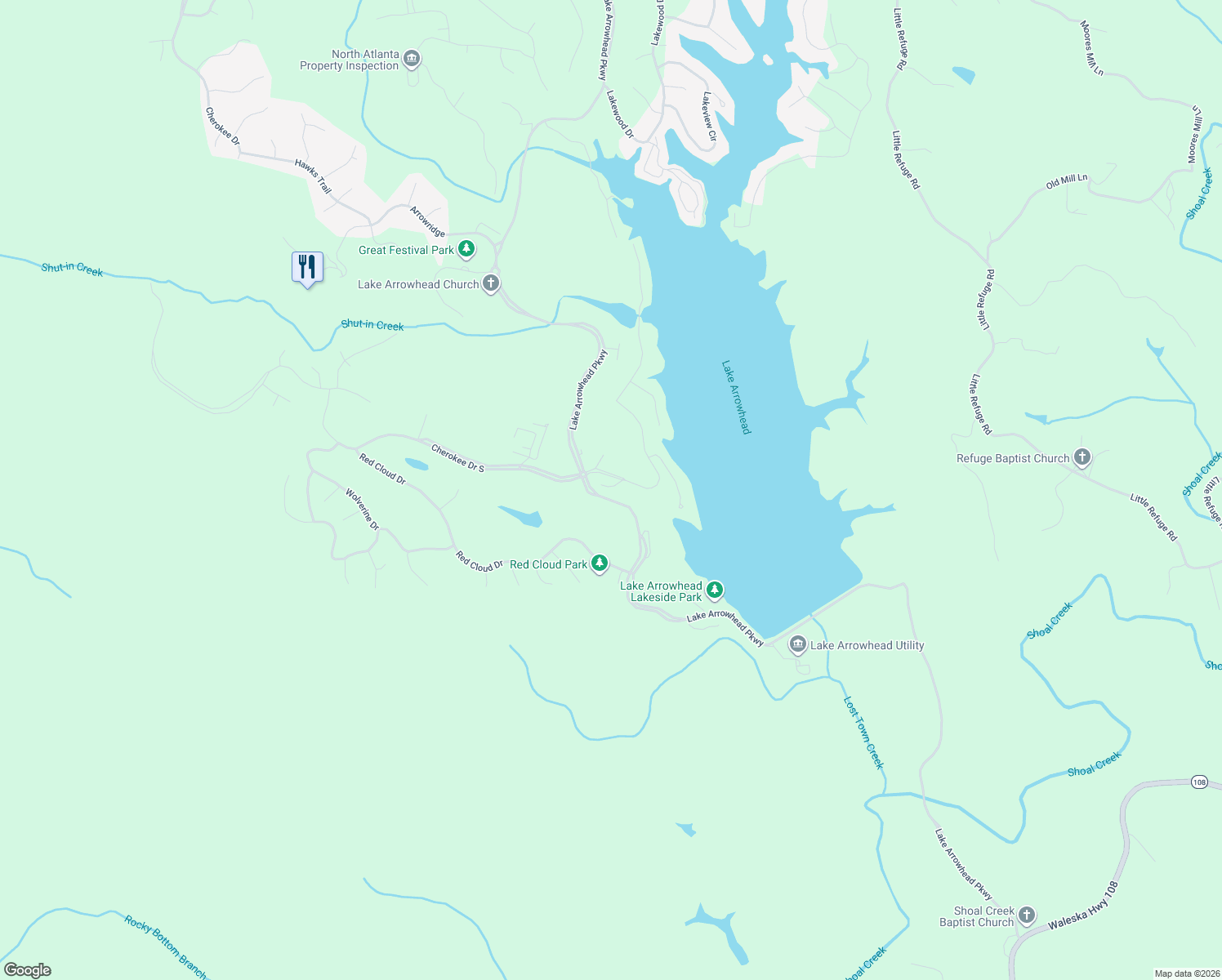 map of restaurants, bars, coffee shops, grocery stores, and more near 11 Mountain View Court in Waleska