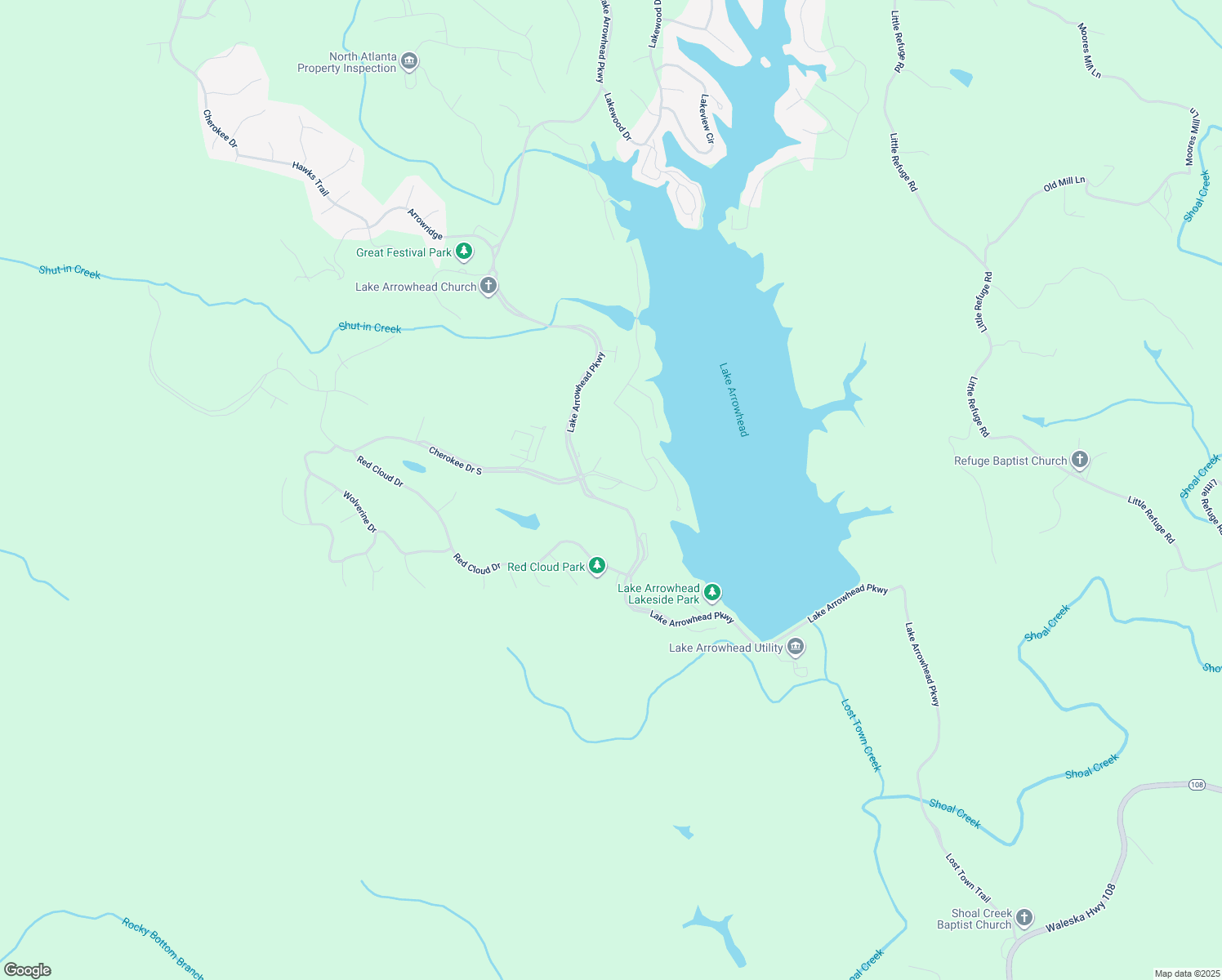 map of restaurants, bars, coffee shops, grocery stores, and more near 106 Indian Ridge in Waleska