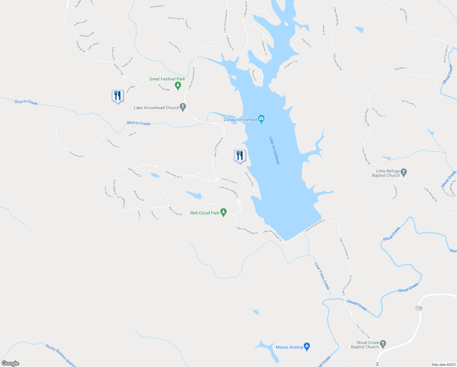 map of restaurants, bars, coffee shops, grocery stores, and more near Mountain View Court in Waleska