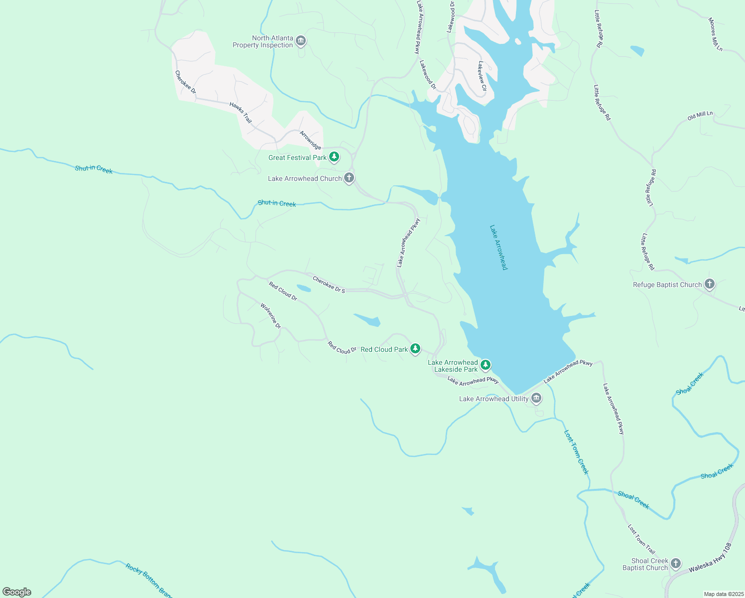 map of restaurants, bars, coffee shops, grocery stores, and more near 129 Cherokee Drive South in Waleska