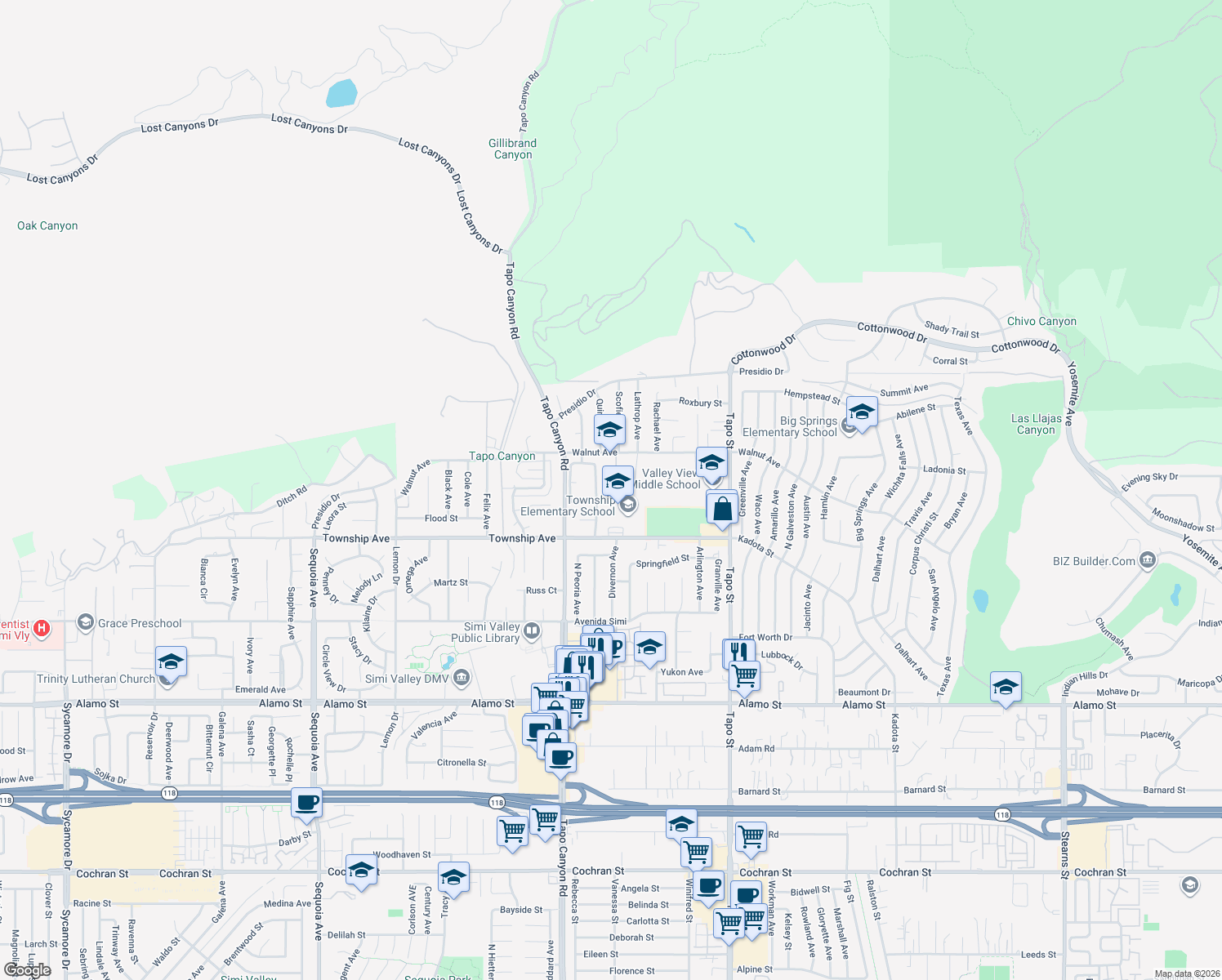 map of restaurants, bars, coffee shops, grocery stores, and more near 3309 Los Nogales Road in Simi Valley