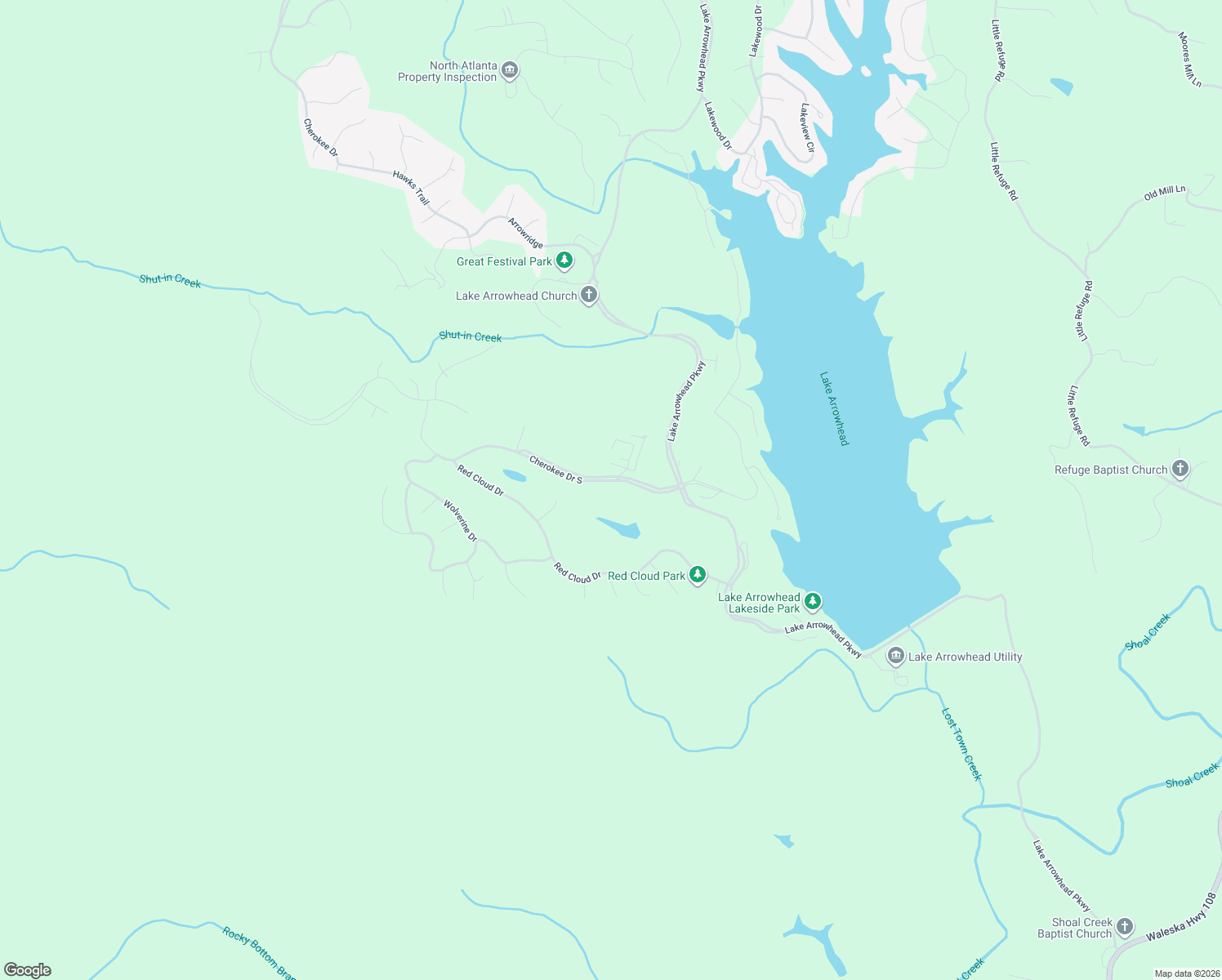 map of restaurants, bars, coffee shops, grocery stores, and more near 145 Cherokee Drive South in Waleska