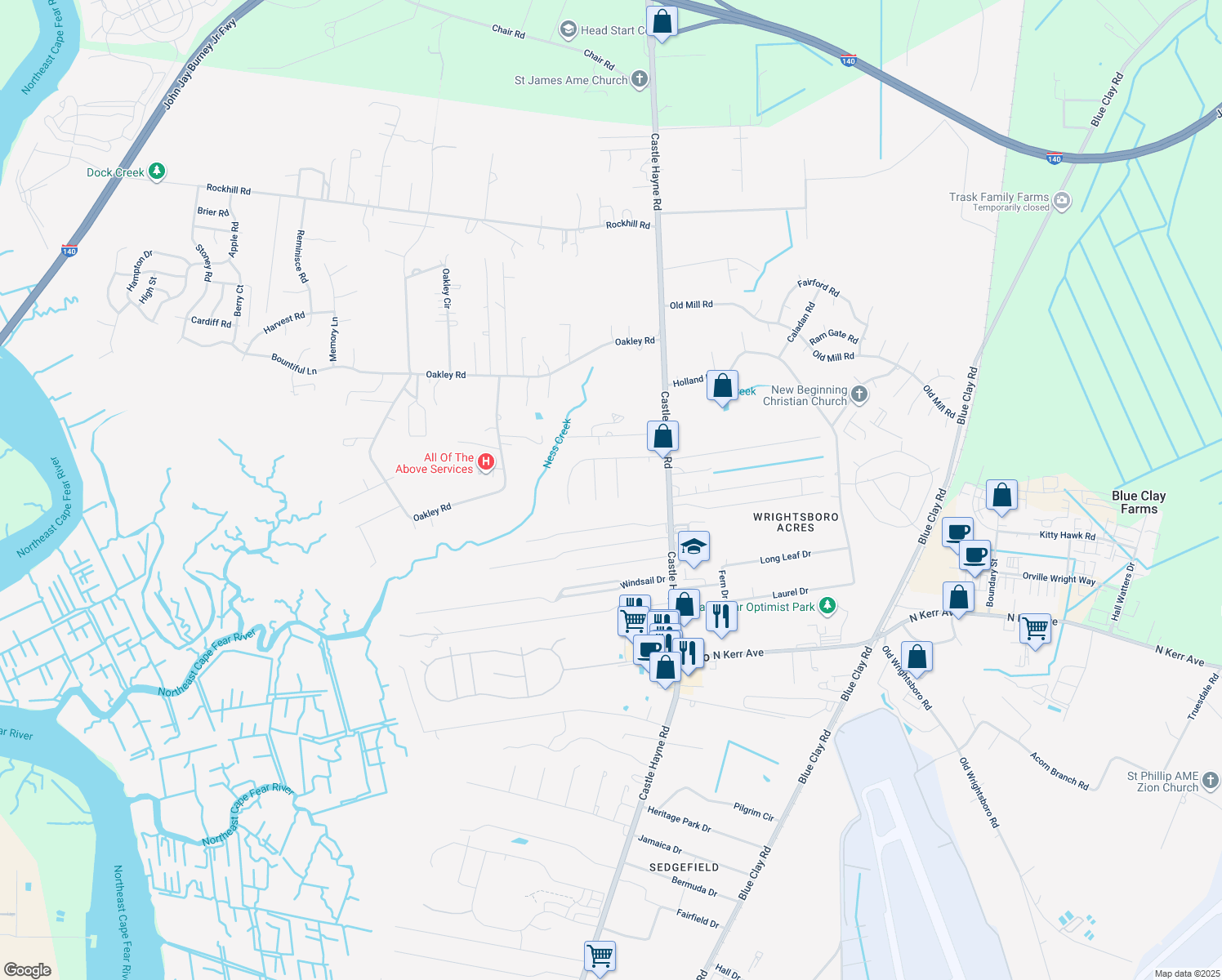 map of restaurants, bars, coffee shops, grocery stores, and more near 2809 Fletcher Court in Castle Hayne