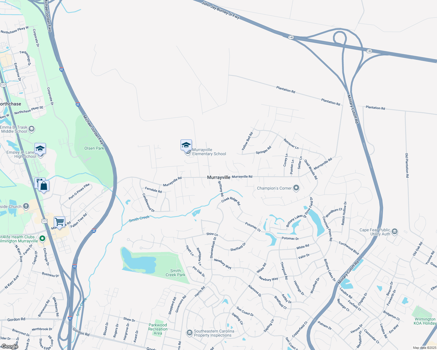 map of restaurants, bars, coffee shops, grocery stores, and more near 6603 Murrayville Road in Wilmington