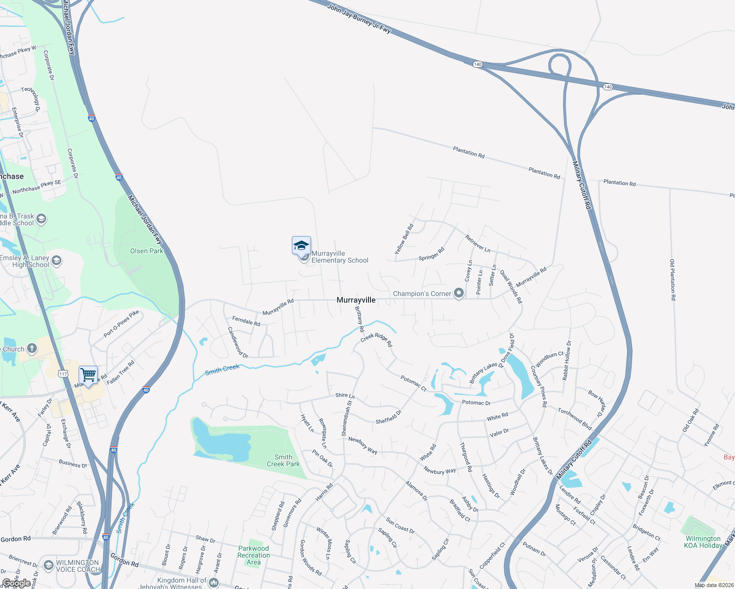 map of restaurants, bars, coffee shops, grocery stores, and more near 6701 Murrayville Road in Wilmington