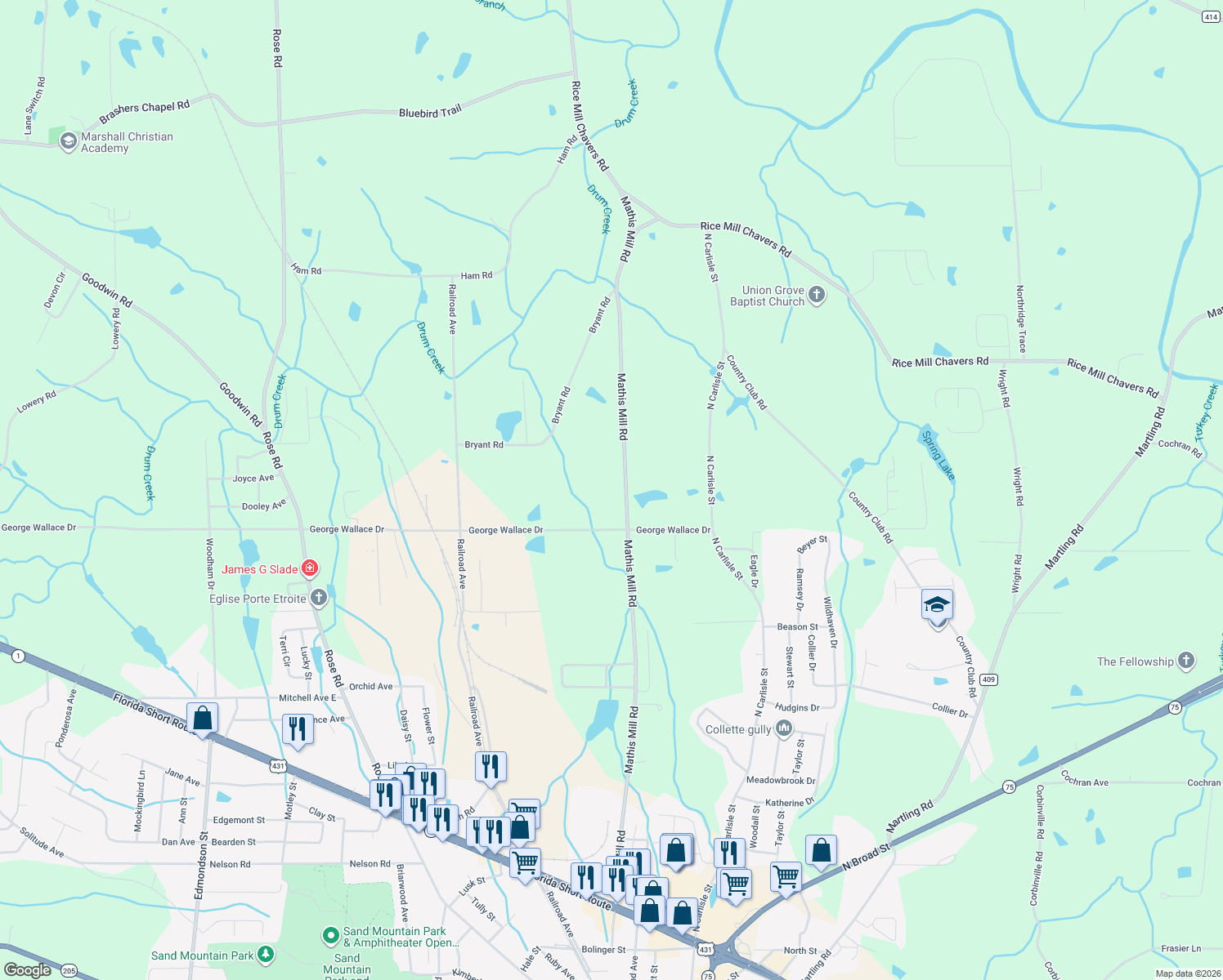 map of restaurants, bars, coffee shops, grocery stores, and more near 1150 Mathis Mill Road in Albertville