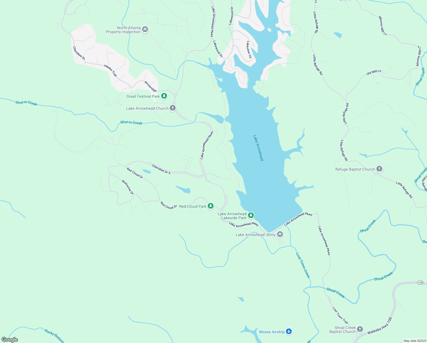 map of restaurants, bars, coffee shops, grocery stores, and more near 106 Lake Cottages Court in Waleska