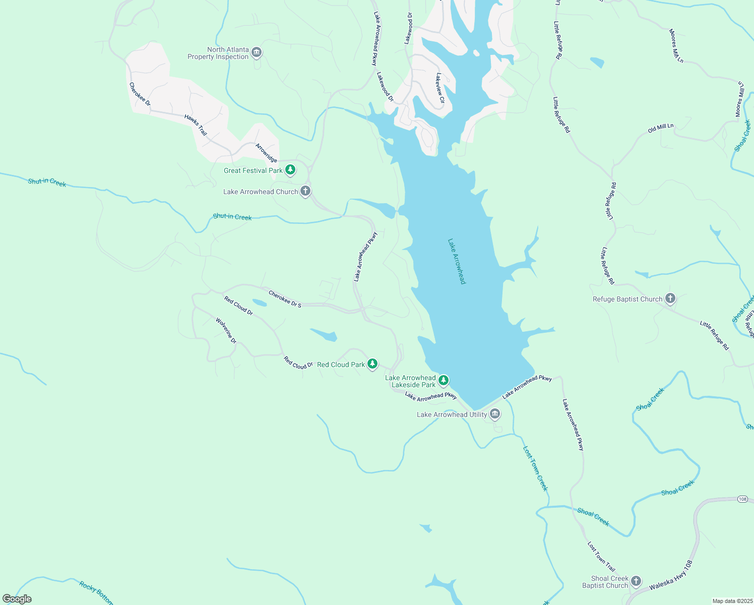 map of restaurants, bars, coffee shops, grocery stores, and more near 106 Indian Ridge in Waleska
