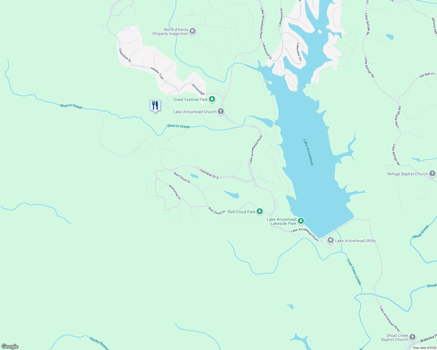 map of restaurants, bars, coffee shops, grocery stores, and more near 175 Cherokee Drive South in Waleska