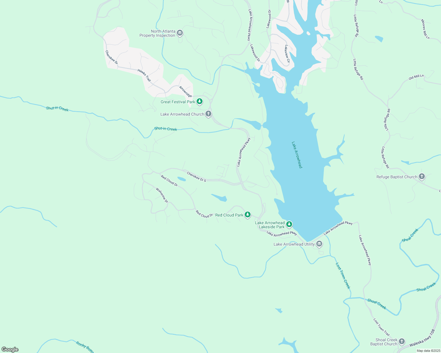 map of restaurants, bars, coffee shops, grocery stores, and more near 129 Cherokee Drive South in Waleska