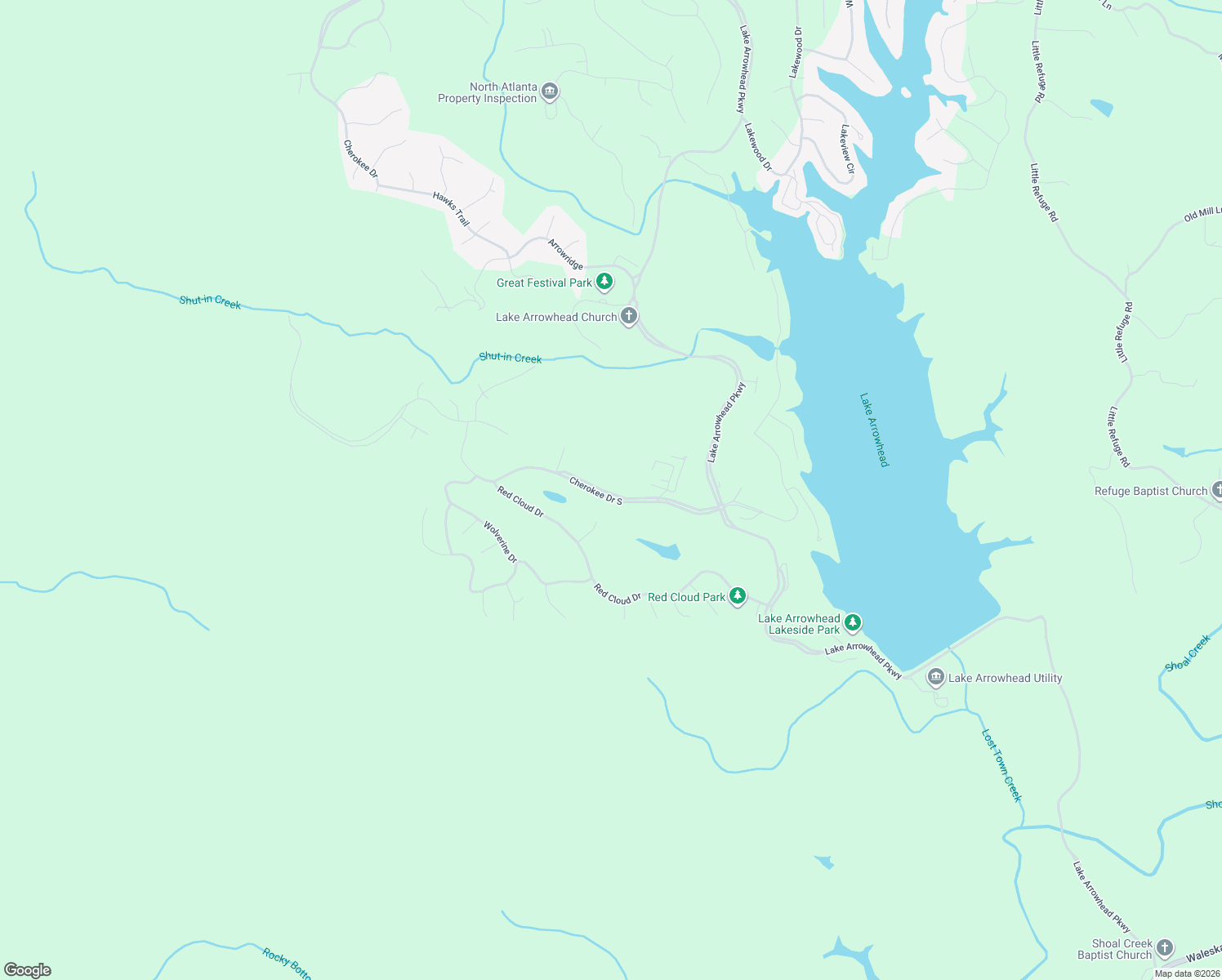 map of restaurants, bars, coffee shops, grocery stores, and more near 175 Cherokee Drive South in Waleska