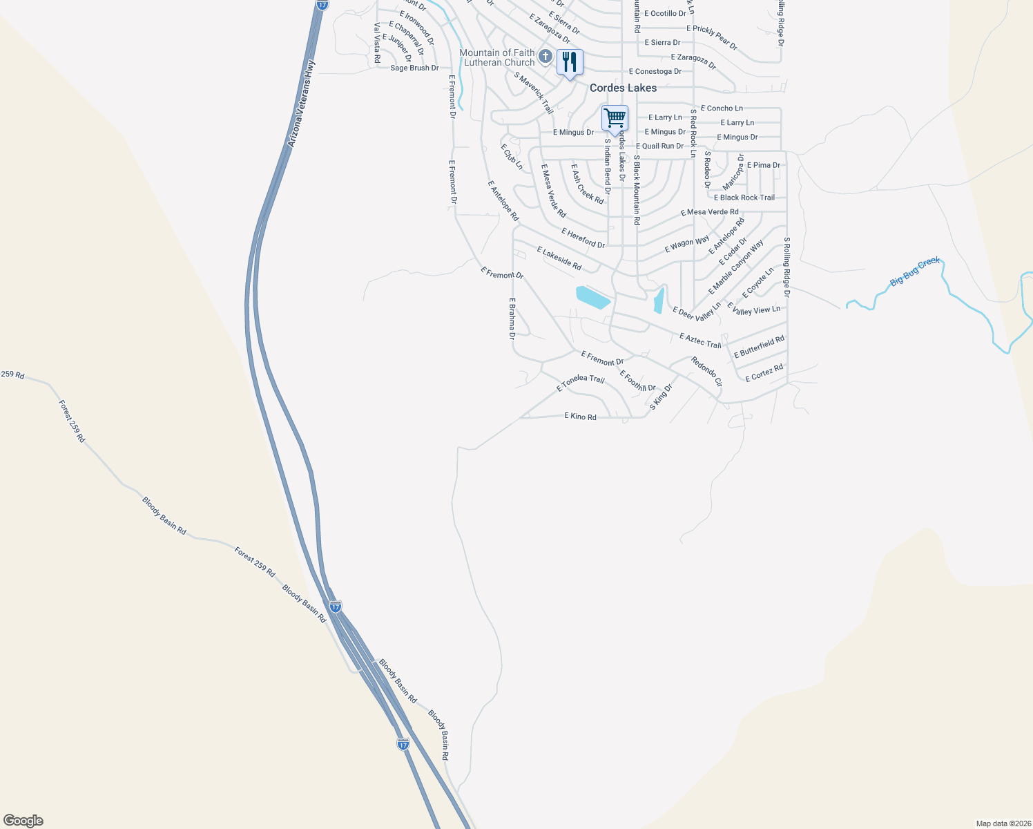 map of restaurants, bars, coffee shops, grocery stores, and more near 16897 Ramada Lane in Mayer