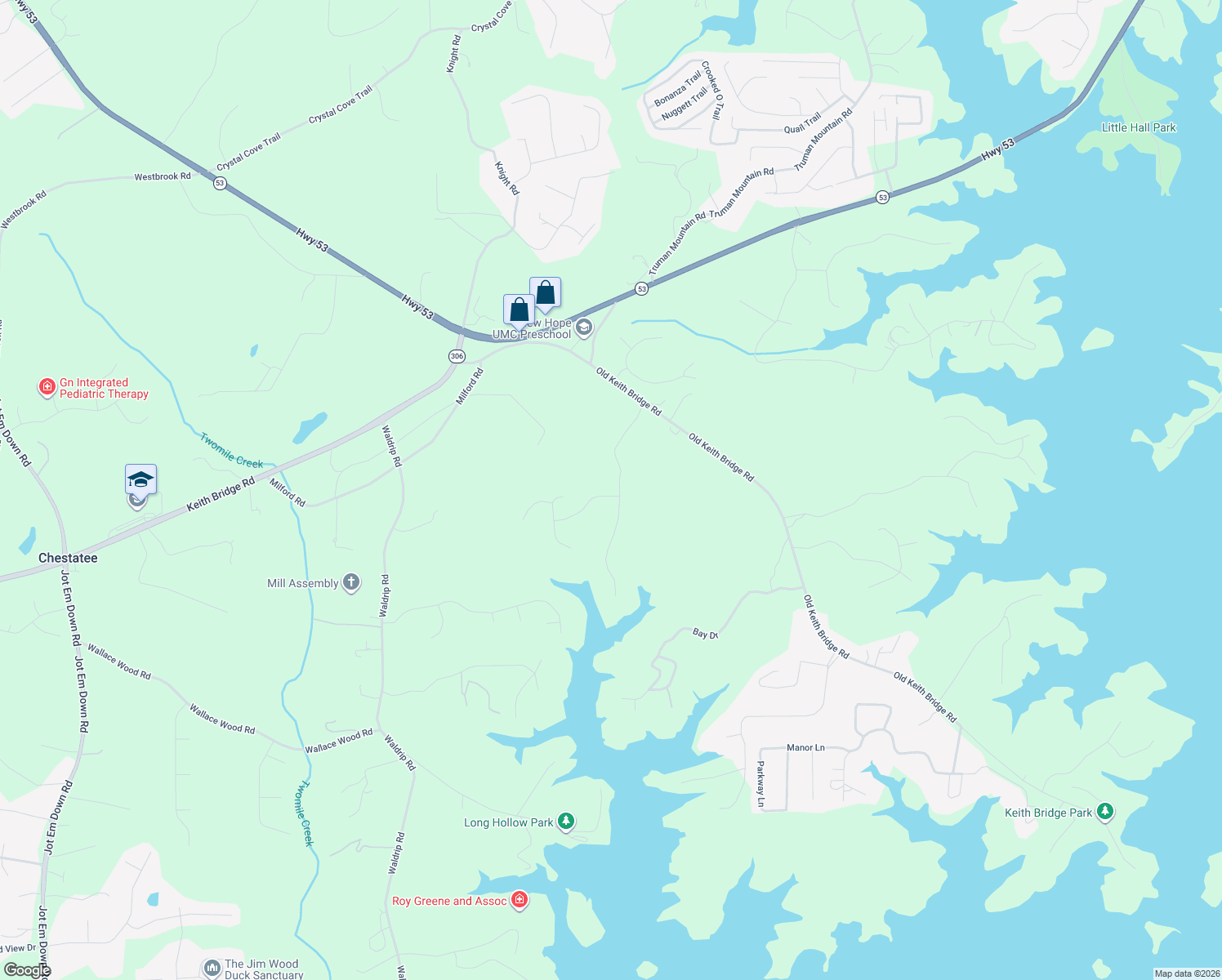 map of restaurants, bars, coffee shops, grocery stores, and more near Shaw Drive in Gainesville